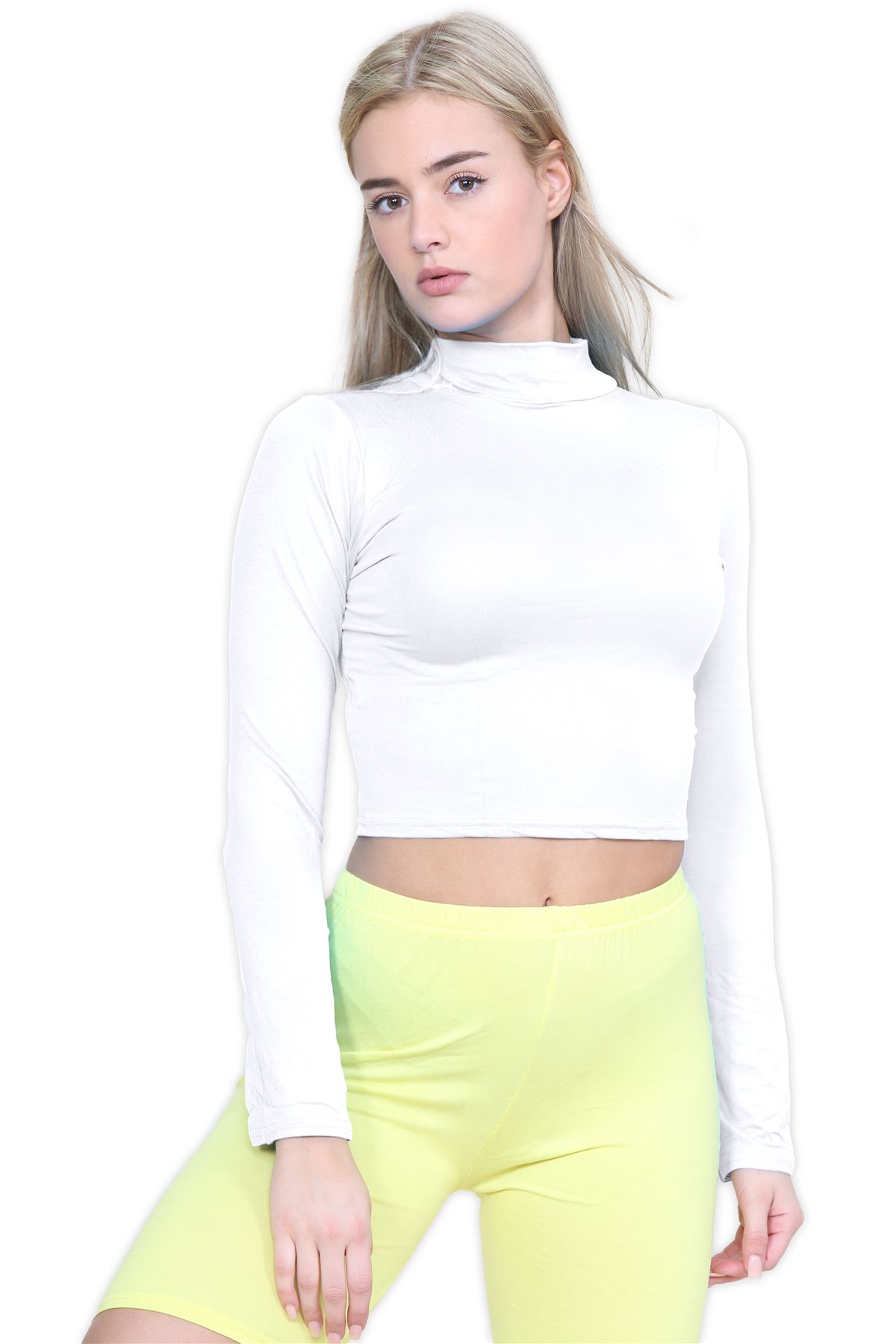Turtle Neck Crop Top Womens Plain Long Sleeve Stretchy Basic Polo Neck T-Shirt - Picture 118 of 129