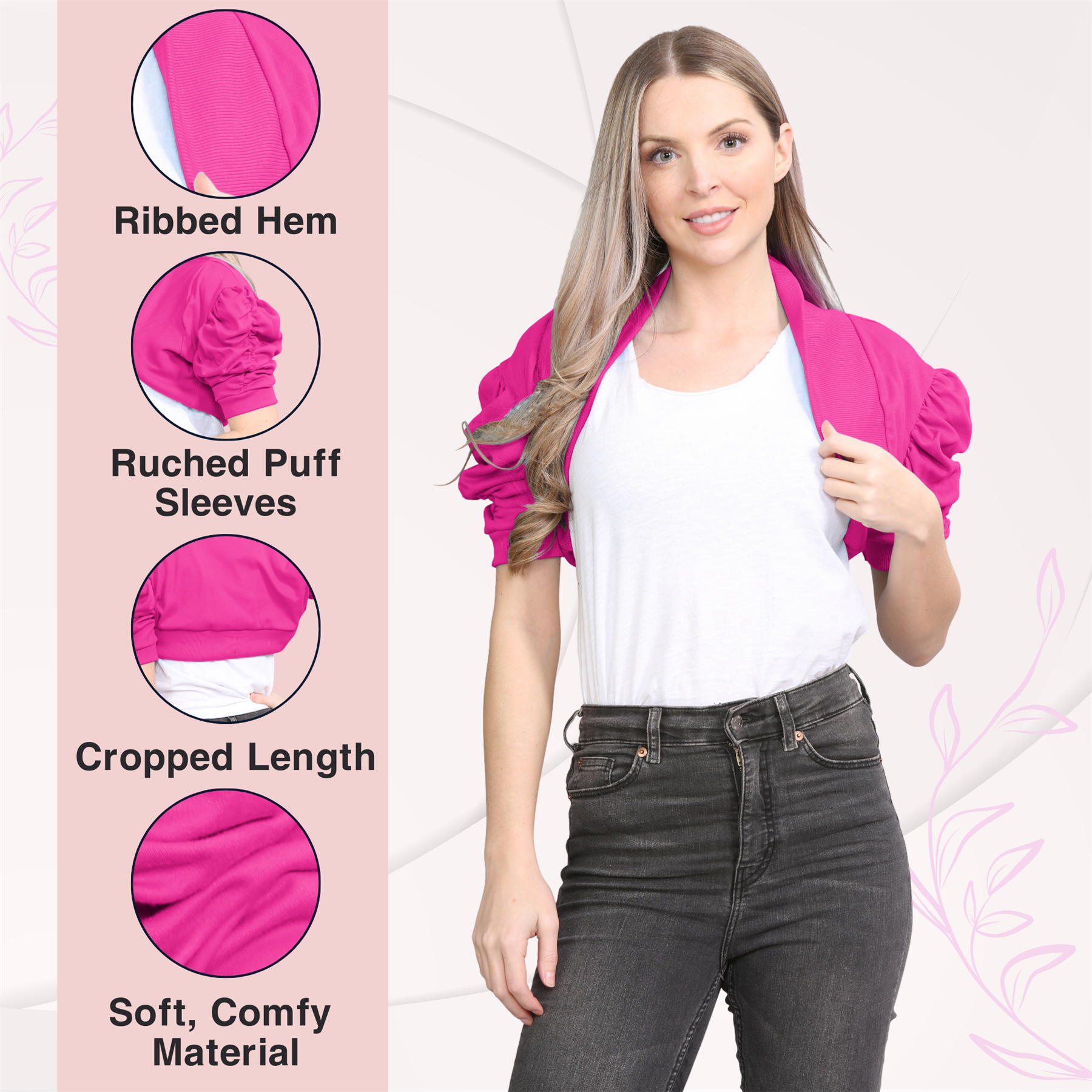 Womens Bolero Shrug Ruched Puff Sleeves Plain Open Cardigan Soft Cotton Crop Top - Picture 25 of 100