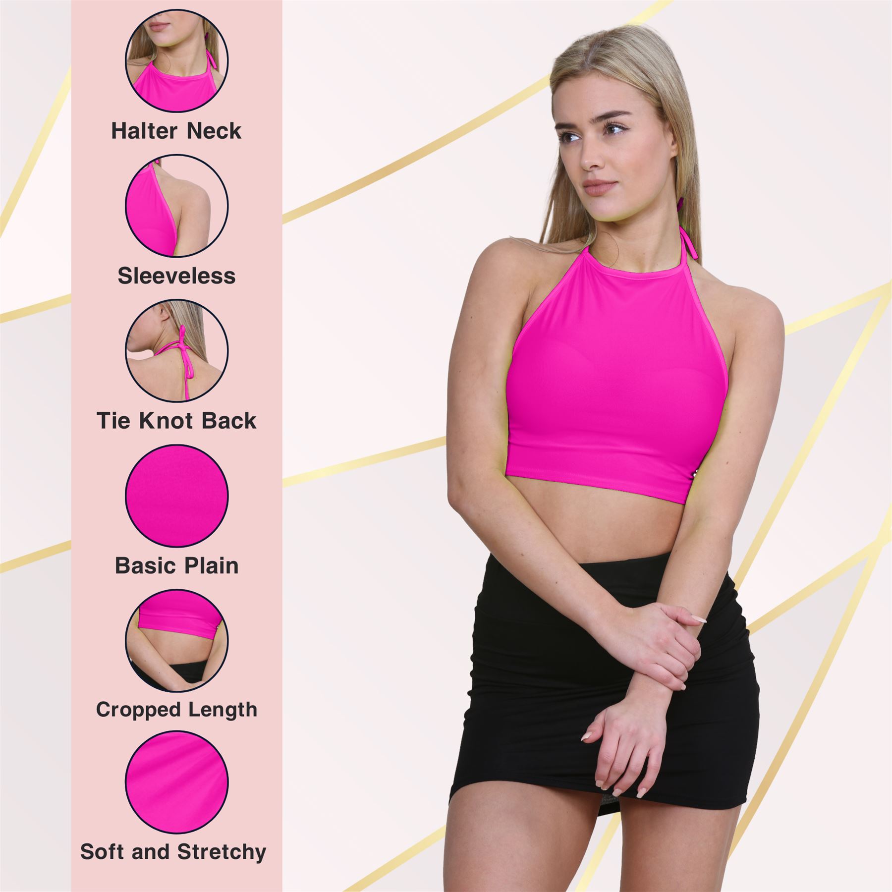 Halter Neck Crop Top Womens Vest Top Plain Tie Knot Top Basic Sleeveless T-Shirt - Picture 100 of 170