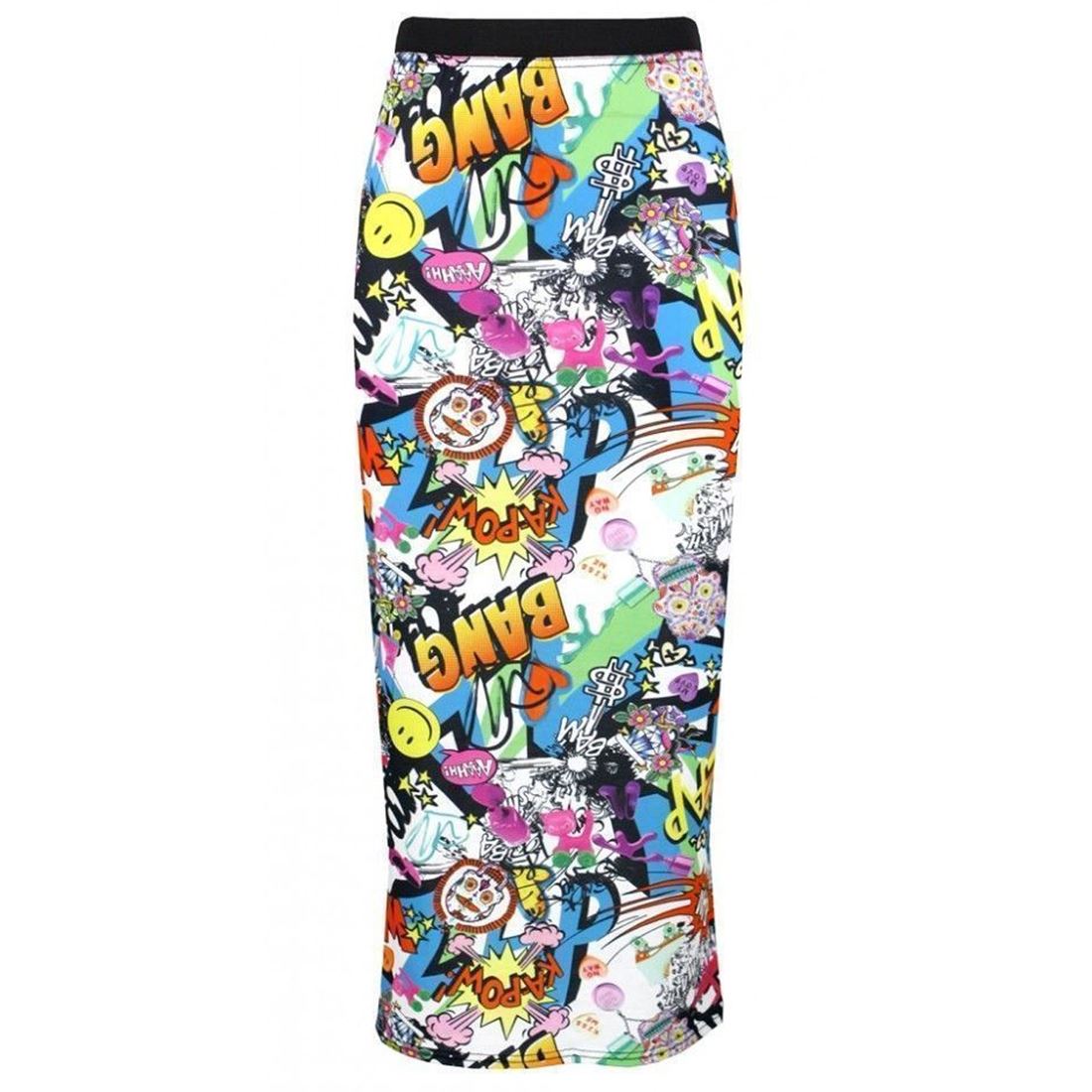 New Ladies Printed Jersey Bodycon Elasticated Waist Gypsy Long Maxi Skirt Dress