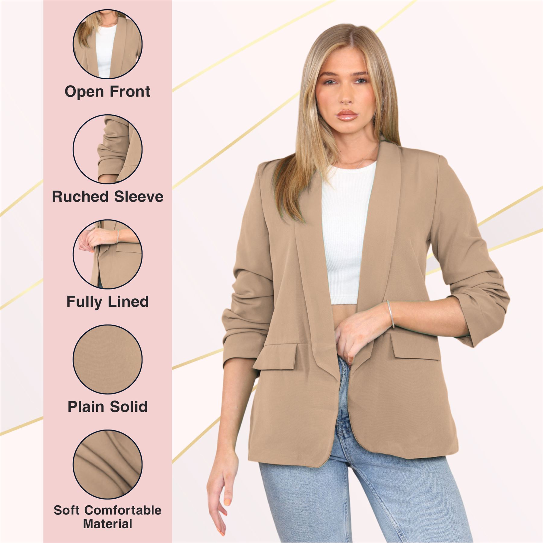 Blazer de manga acanalada para damas totalmente forrado cuello liso informal chaqueta de oficina top - Imagen 46 de 97