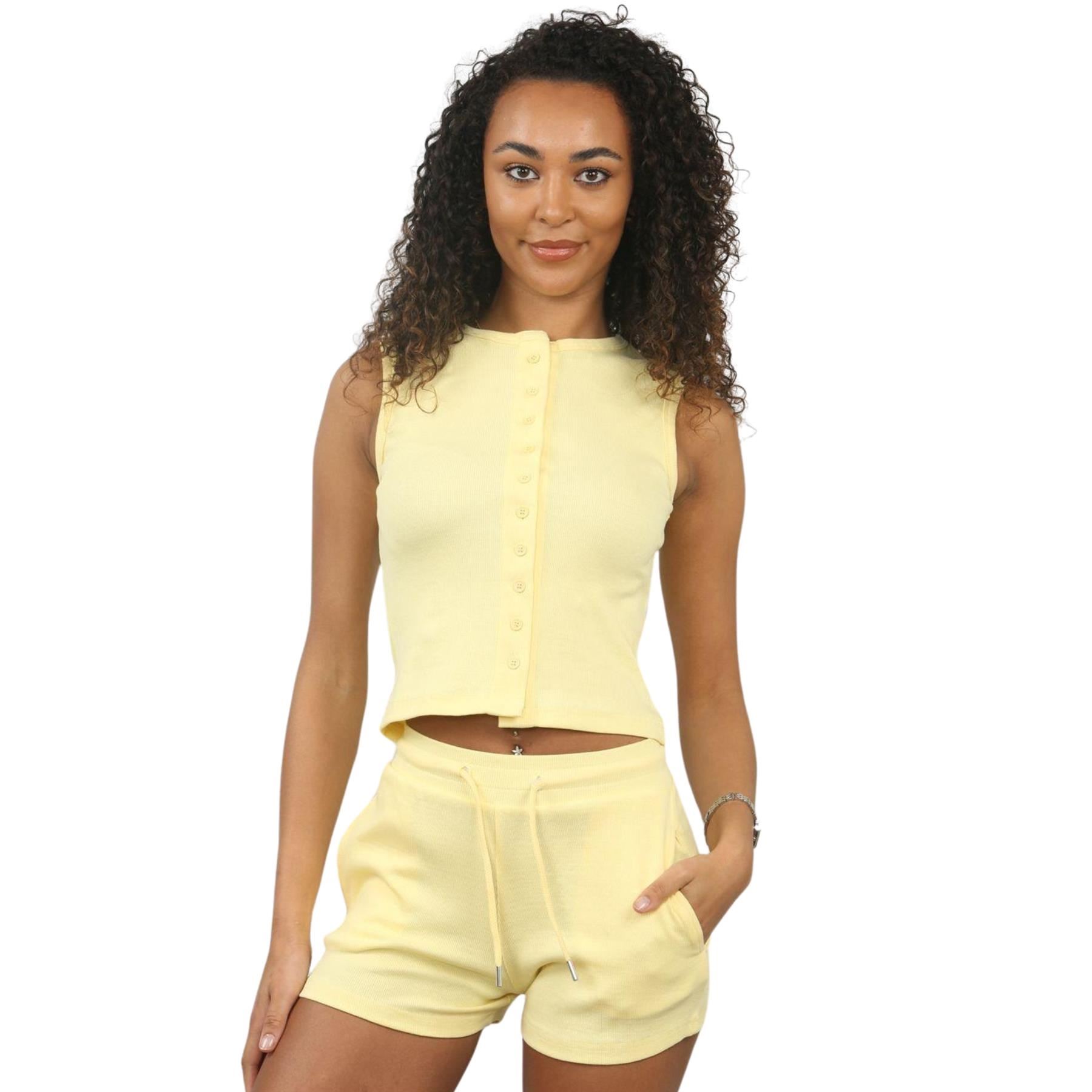 Damen Gerippt Ärmellos Knopfleiste Crop Top und Kordelzug Shorts Loungewear Set - Bild 44 von 49