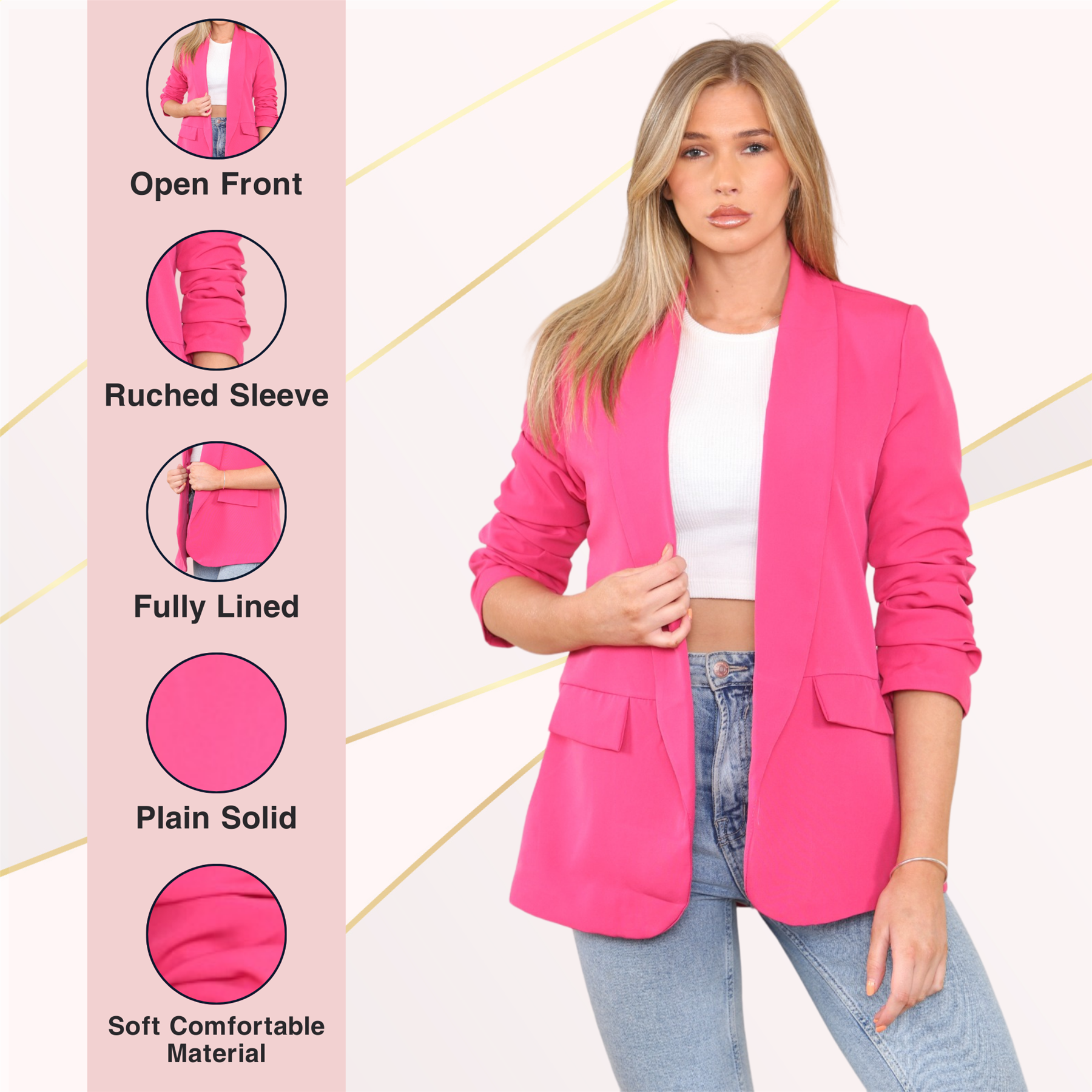 Blazer de manga acanalada para damas totalmente forrado cuello liso informal chaqueta de oficina top - Imagen 18 de 97