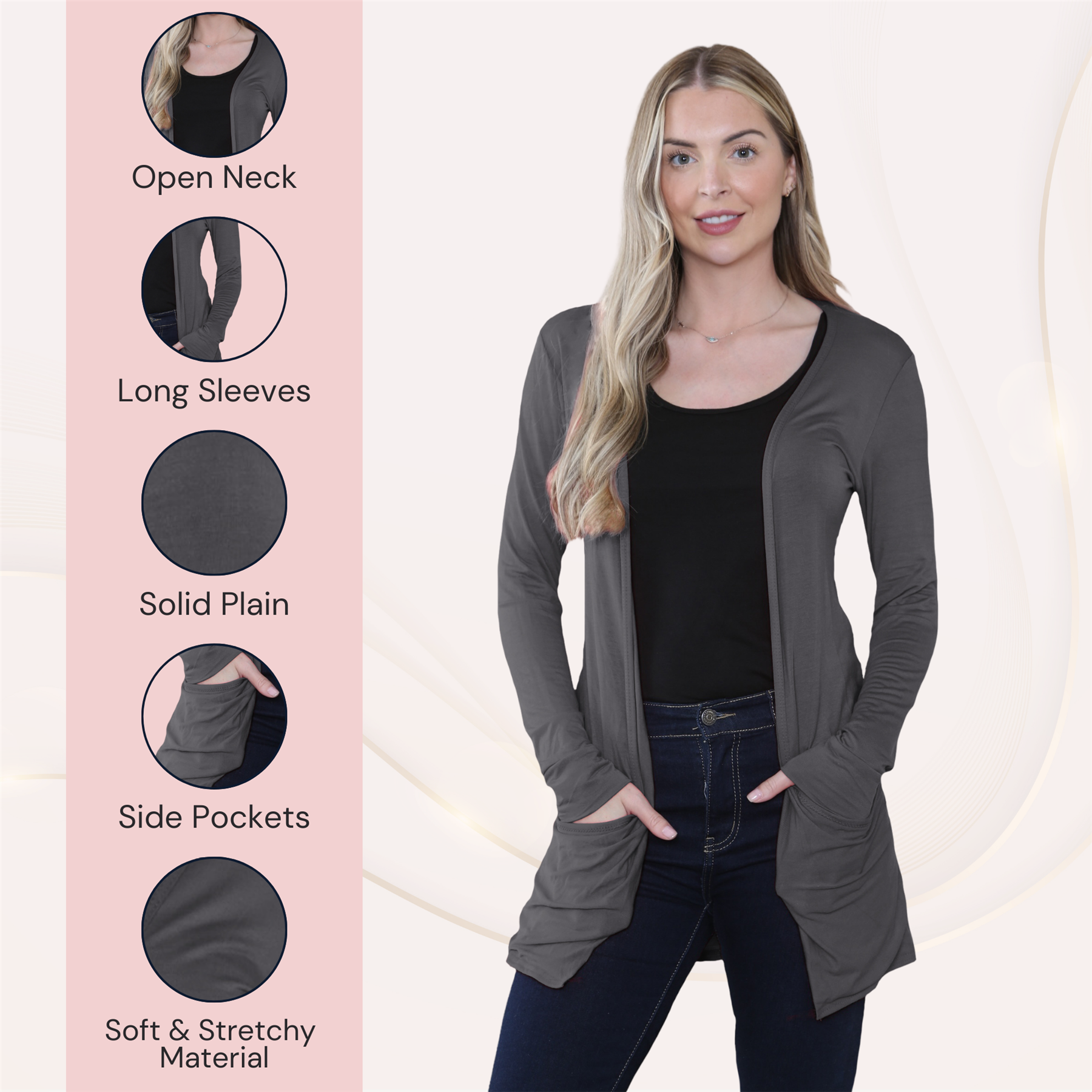 Boyfriend Cardigan Damen schlicht langärmelig offener Tropfen Tasche Freizeit Achselzucken Oberteil - Bild 32 von 148