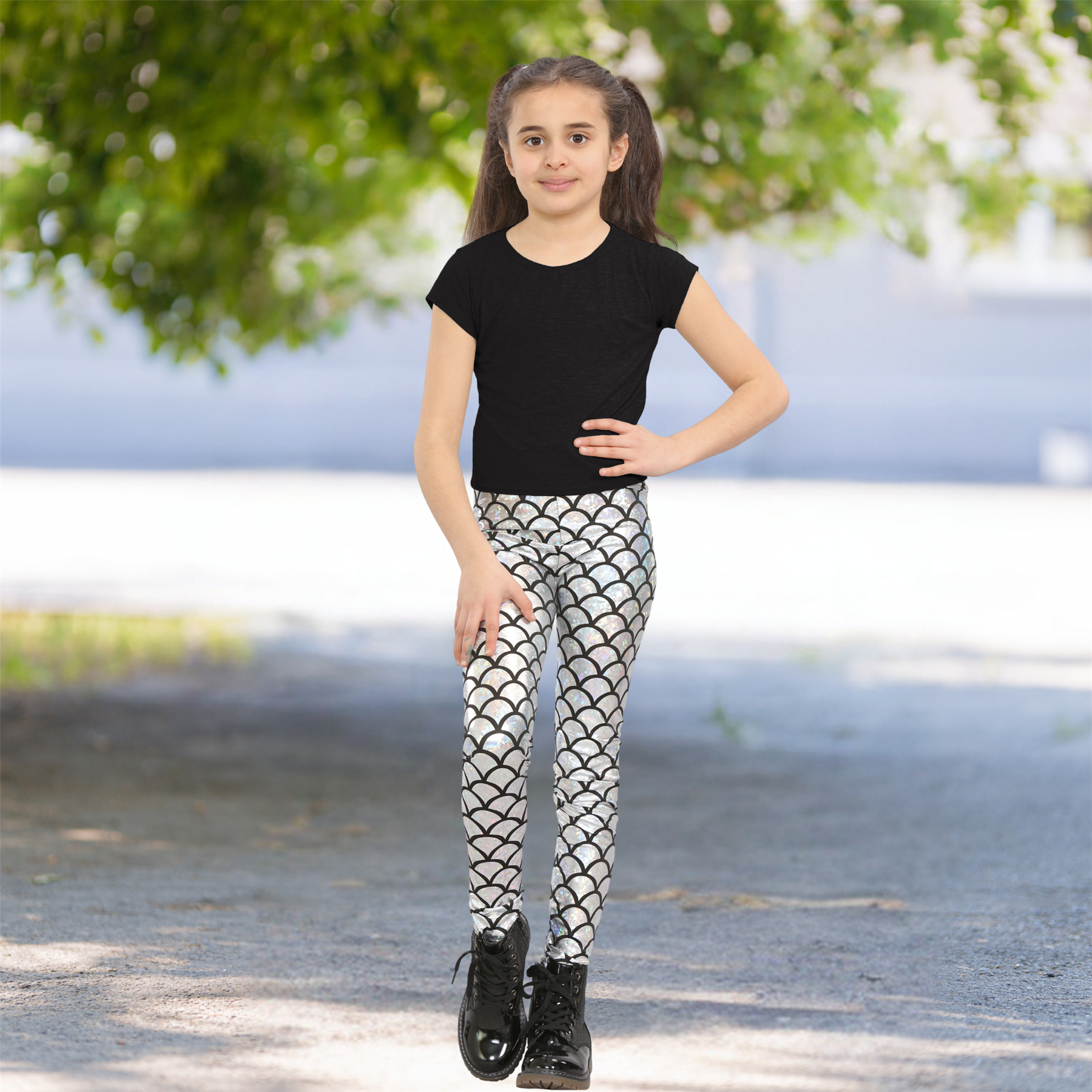 Girls Mermaid Leggings Kids Fish Scale Disco Skinny Shiny Metallic Trouser Pants - Picture 51 of 57