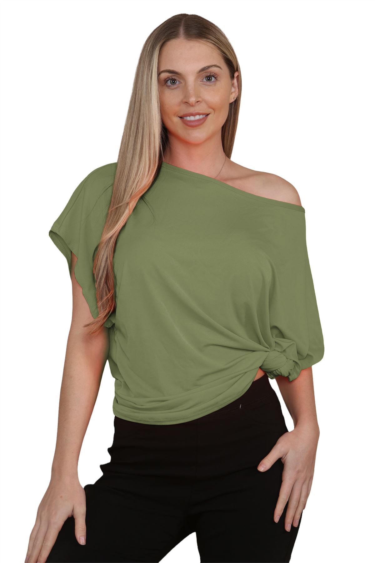 Womens Oversized T Shirt Top Short Sleeve Tie Knot Bardot Off Shoulder Crop Top - Picture 22 of 65