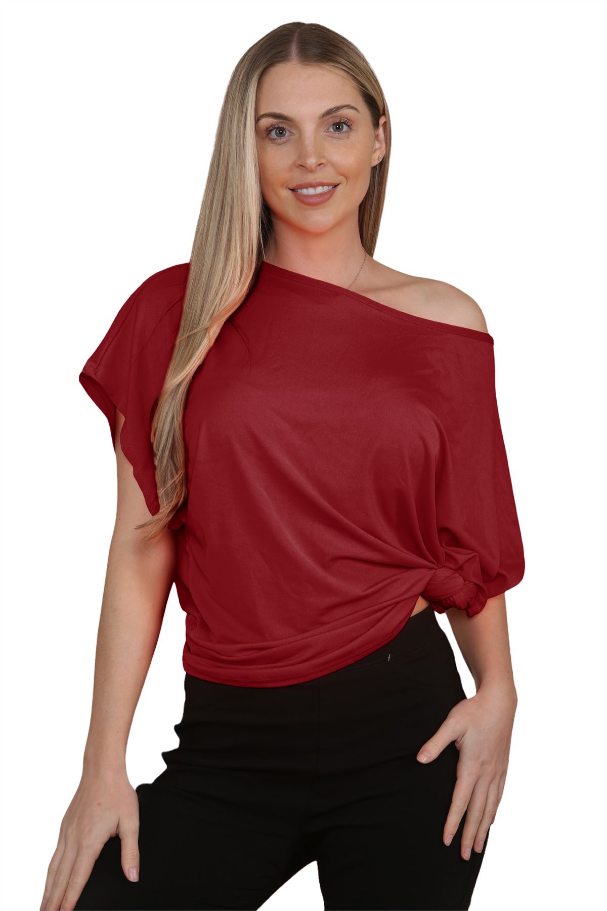 Womens Oversized T Shirt Top Short Sleeve Tie Knot Bardot Off Shoulder Crop Top - Picture 62 of 65