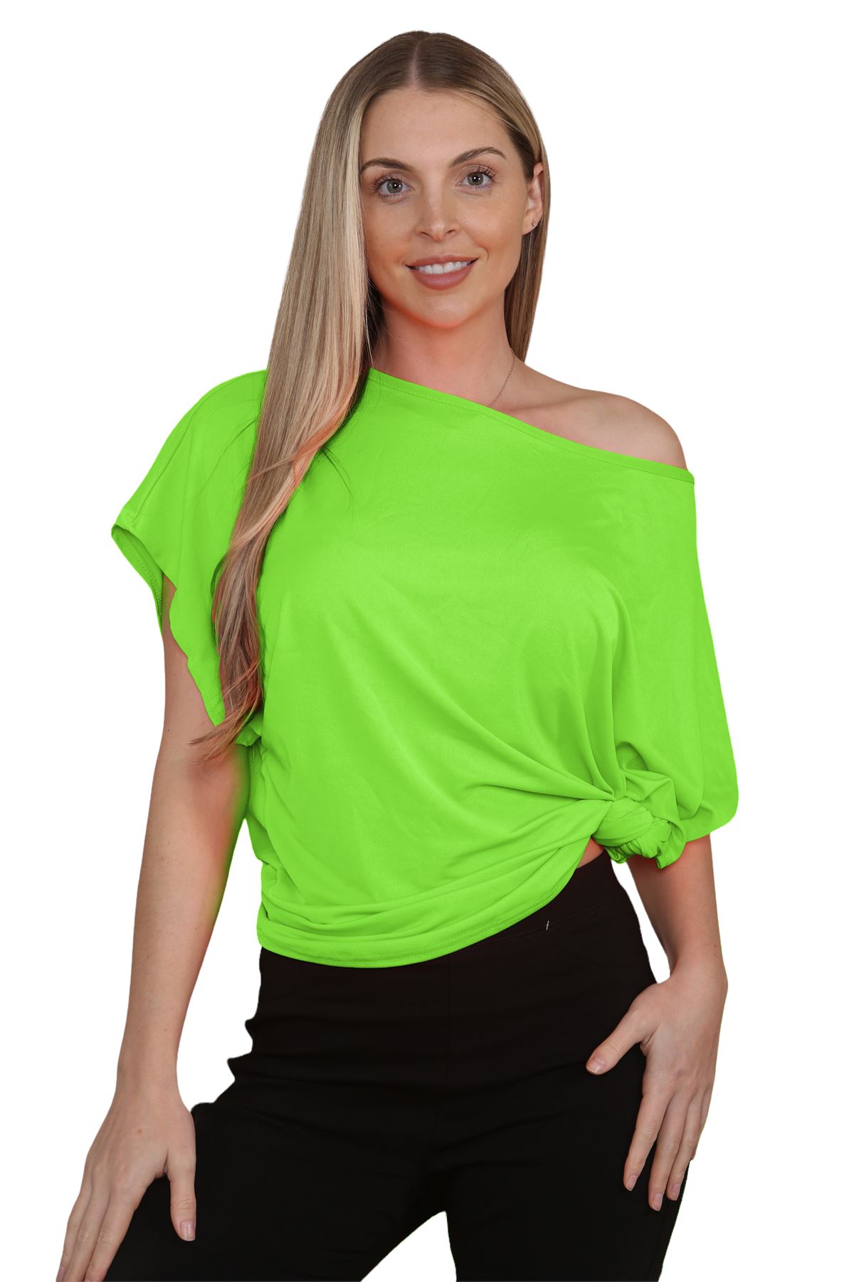 Womens Oversized T Shirt Top Short Sleeve Tie Knot Bardot Off Shoulder Crop Top - Picture 30 of 65