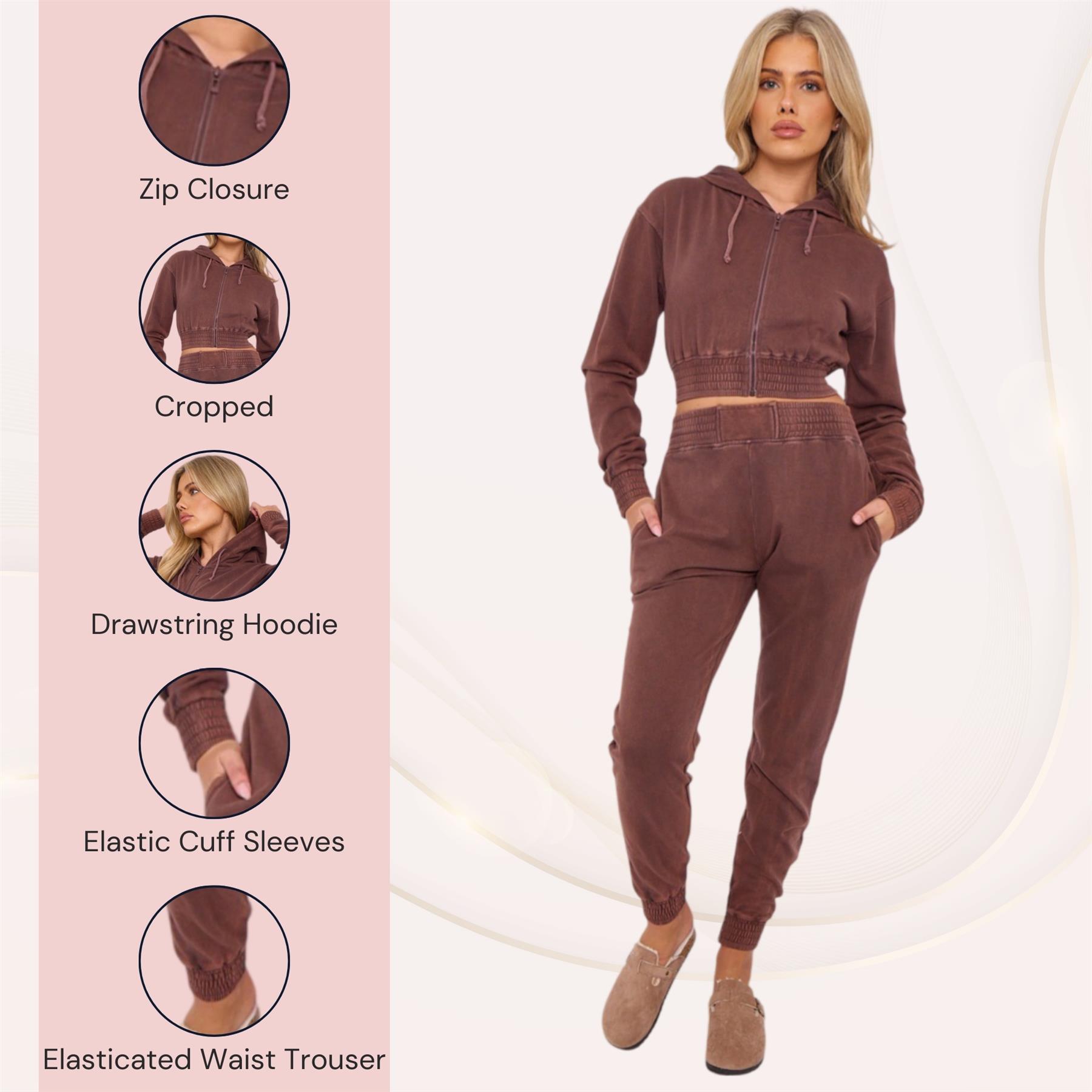 Womens Acid Wash Cropped Zip Hoodie Fleece Joggers Tracksuit 2Pcs Loungewear Set - Picture 12 of 24