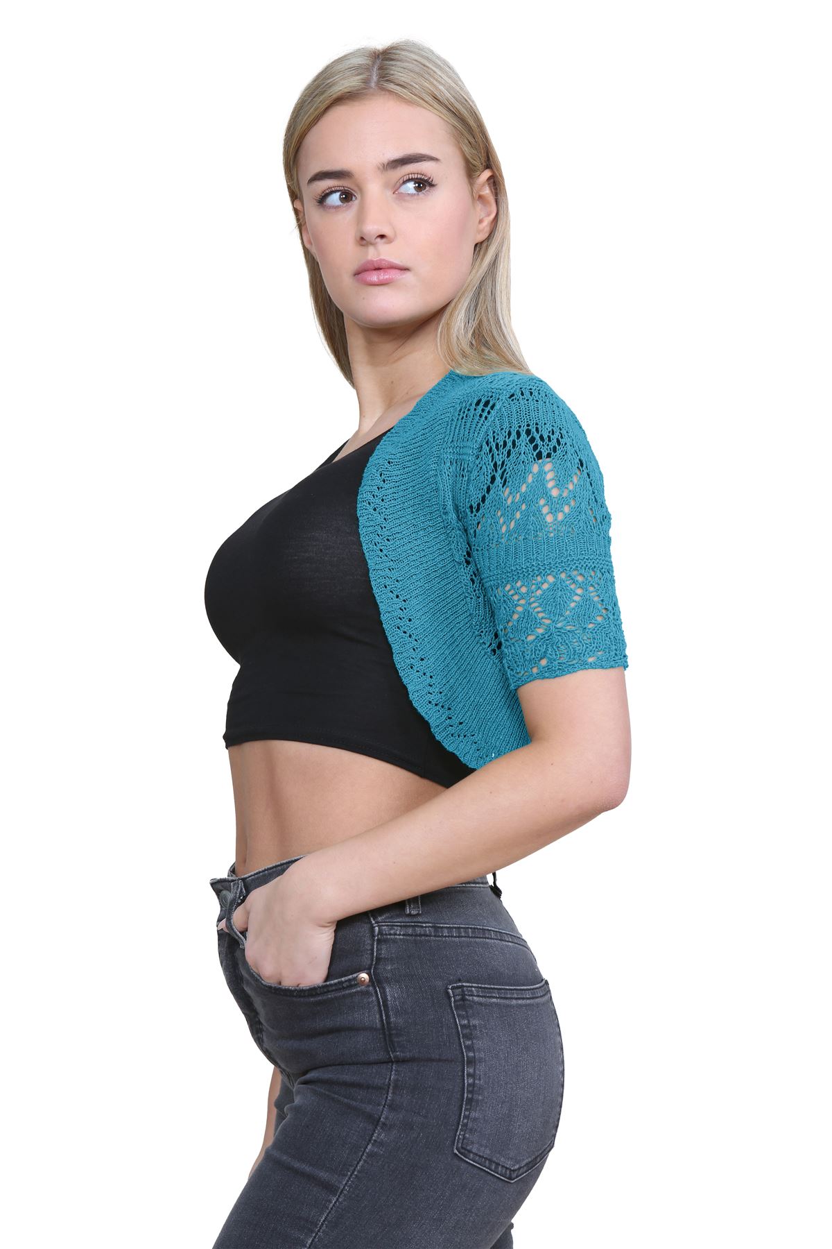 Womens Crochet Knitted Bolero Shrug Short Sleeve Open Front Cardigan Crop Top - Picture 158 of 186