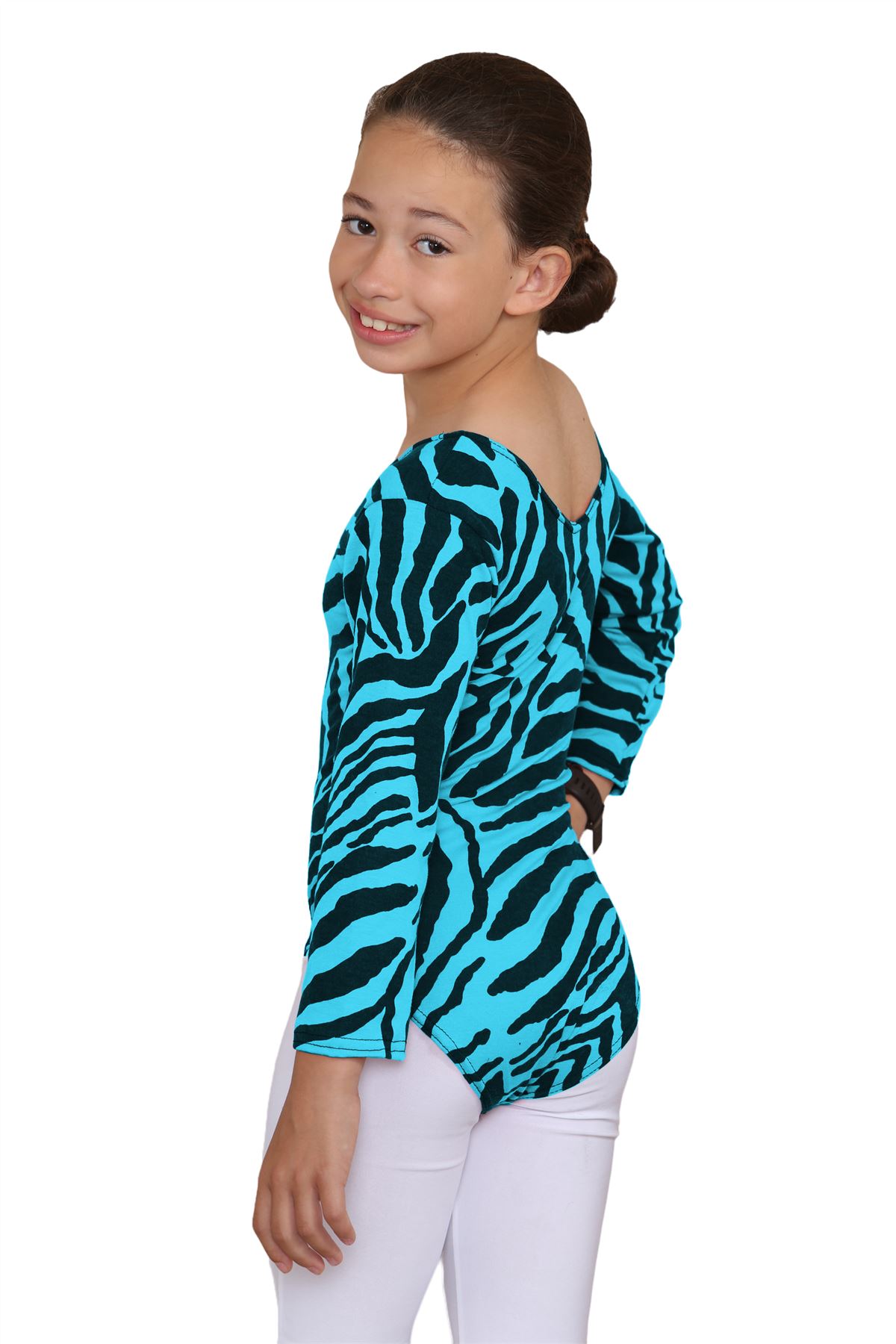 Girls Dance Leotard Zebra Print Long Sleeve Microfibre Gymnastics Kids Bodysuit - Picture 32 of 37