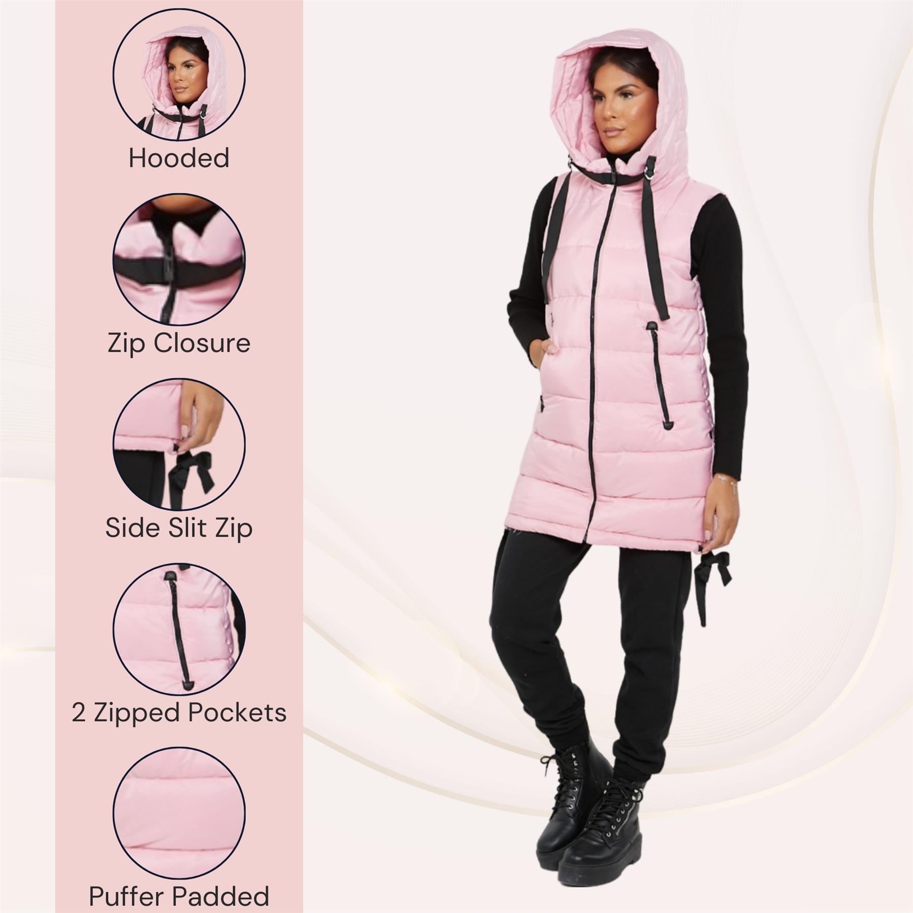 Damas Chaqueta larga acolchada con capucha chaleco acolchada calentador de cuerpo con cremallera - Imagen 7 de 42