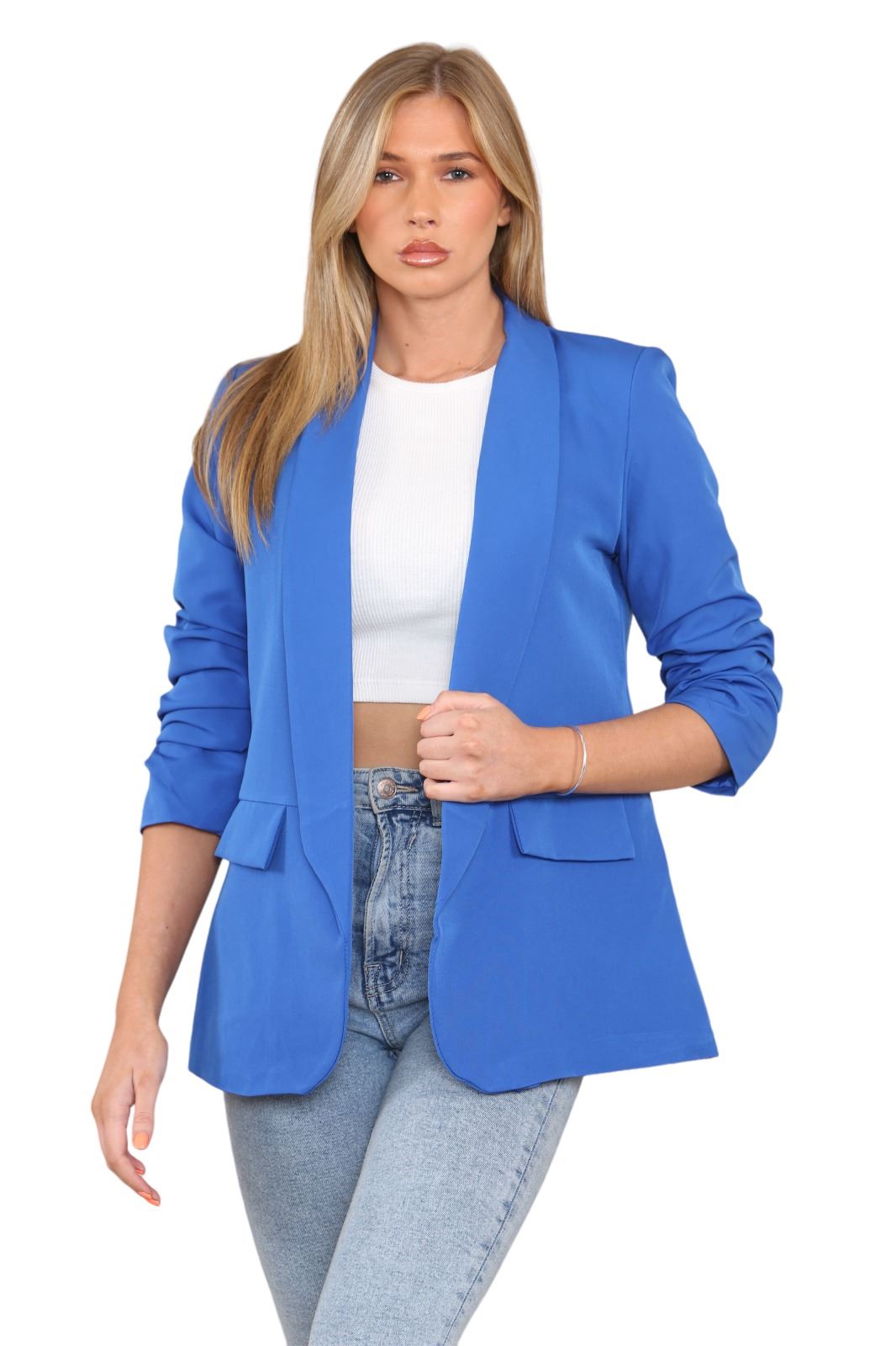 Blazer de manga acanalada para damas totalmente forrado cuello liso informal chaqueta de oficina top - Imagen 64 de 97