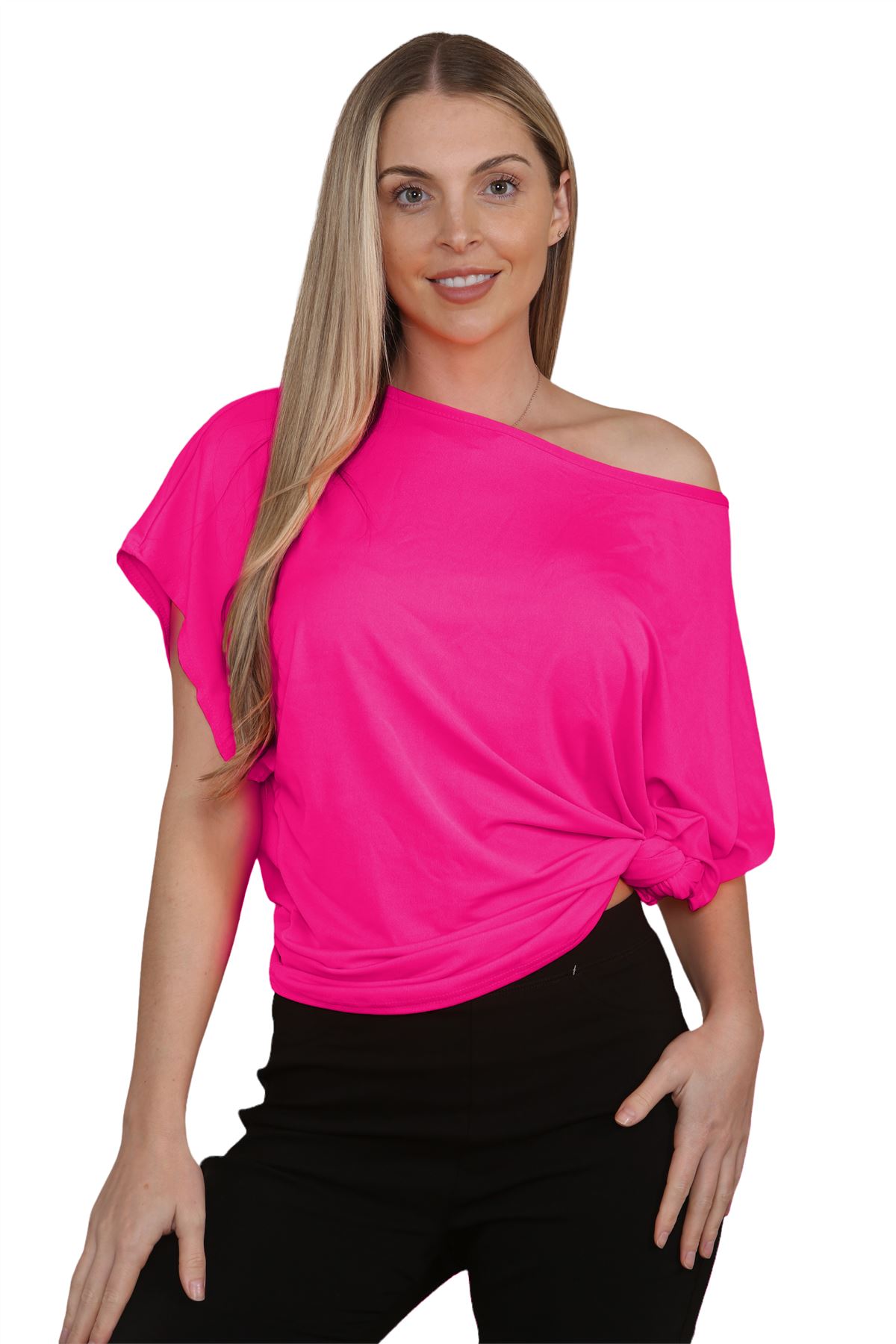 Womens Oversized T Shirt Top Short Sleeve Tie Knot Bardot Off Shoulder Crop Top - Picture 14 of 65