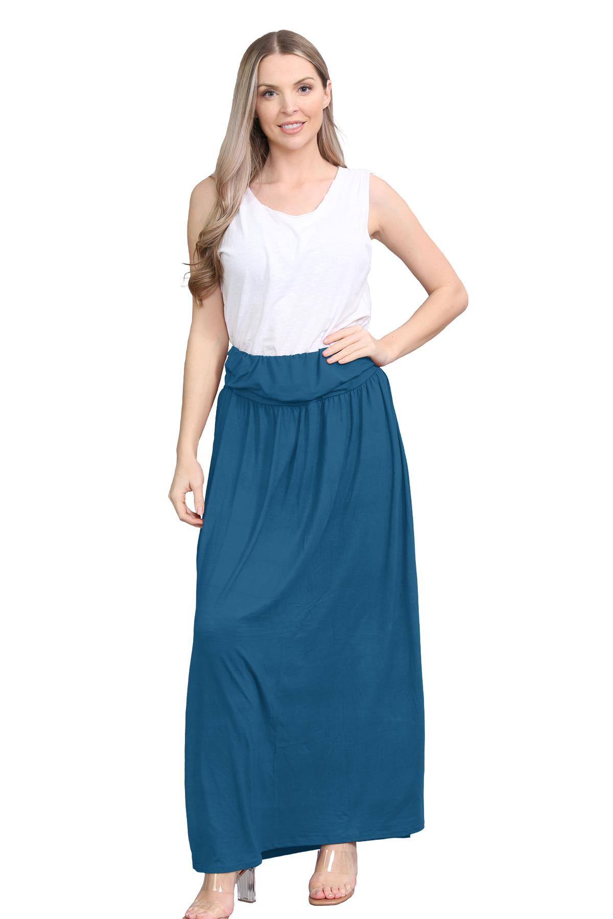 Womens Fold Over Maxi Skirt Plain Pleated Waist Jersey Summer Gypsy Long Skirt - Picture 51 of 68