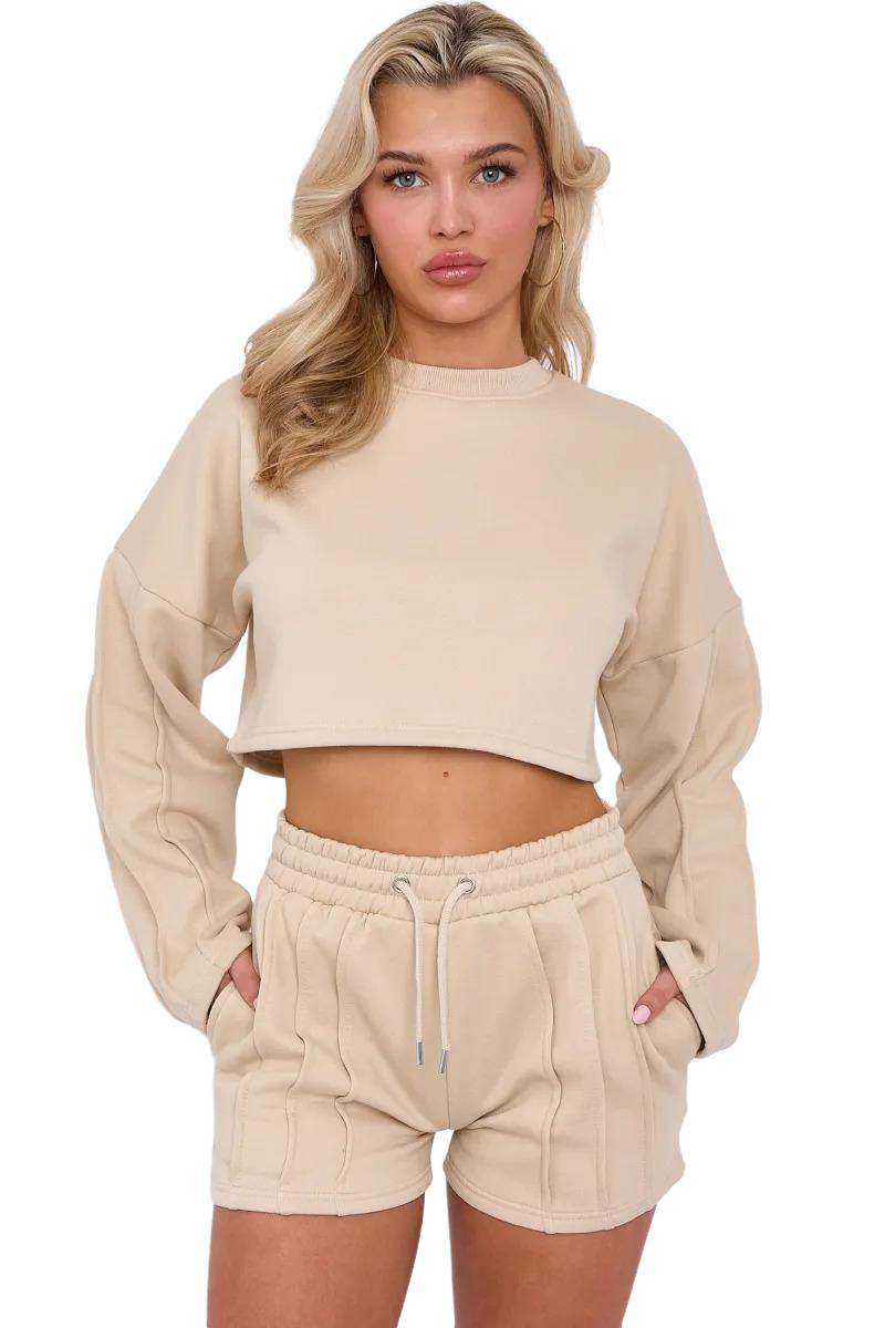 Womens Pleated Lined Crop Top Shorts Set 2 Pcs Co-ord Fleece Loungewear Suit - Picture 31 of 36