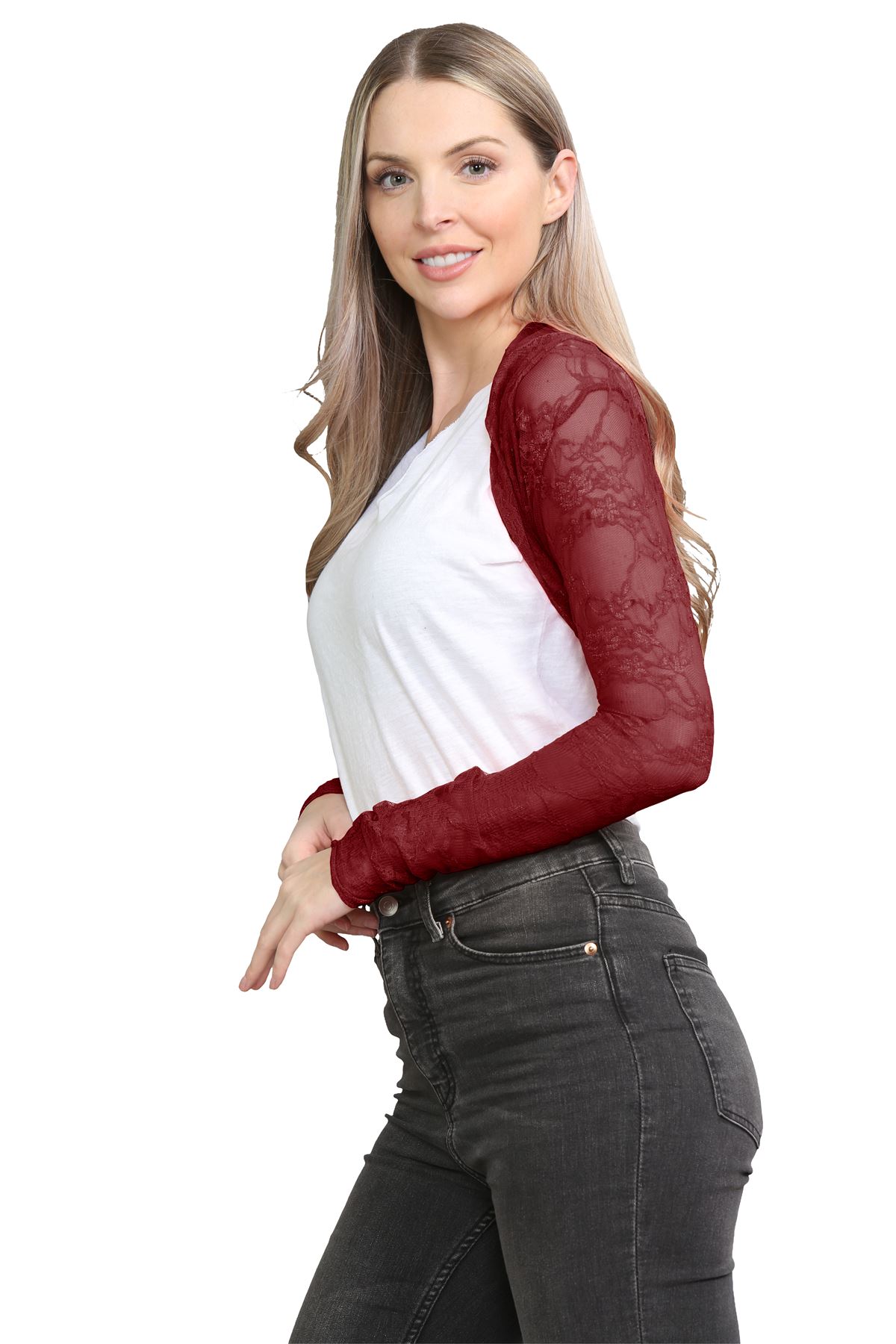Damen Blumen Spitze Bolero Achselzucken vorne offen lange Ärmel Cropped Cardigan Top - Bild 69 von 79