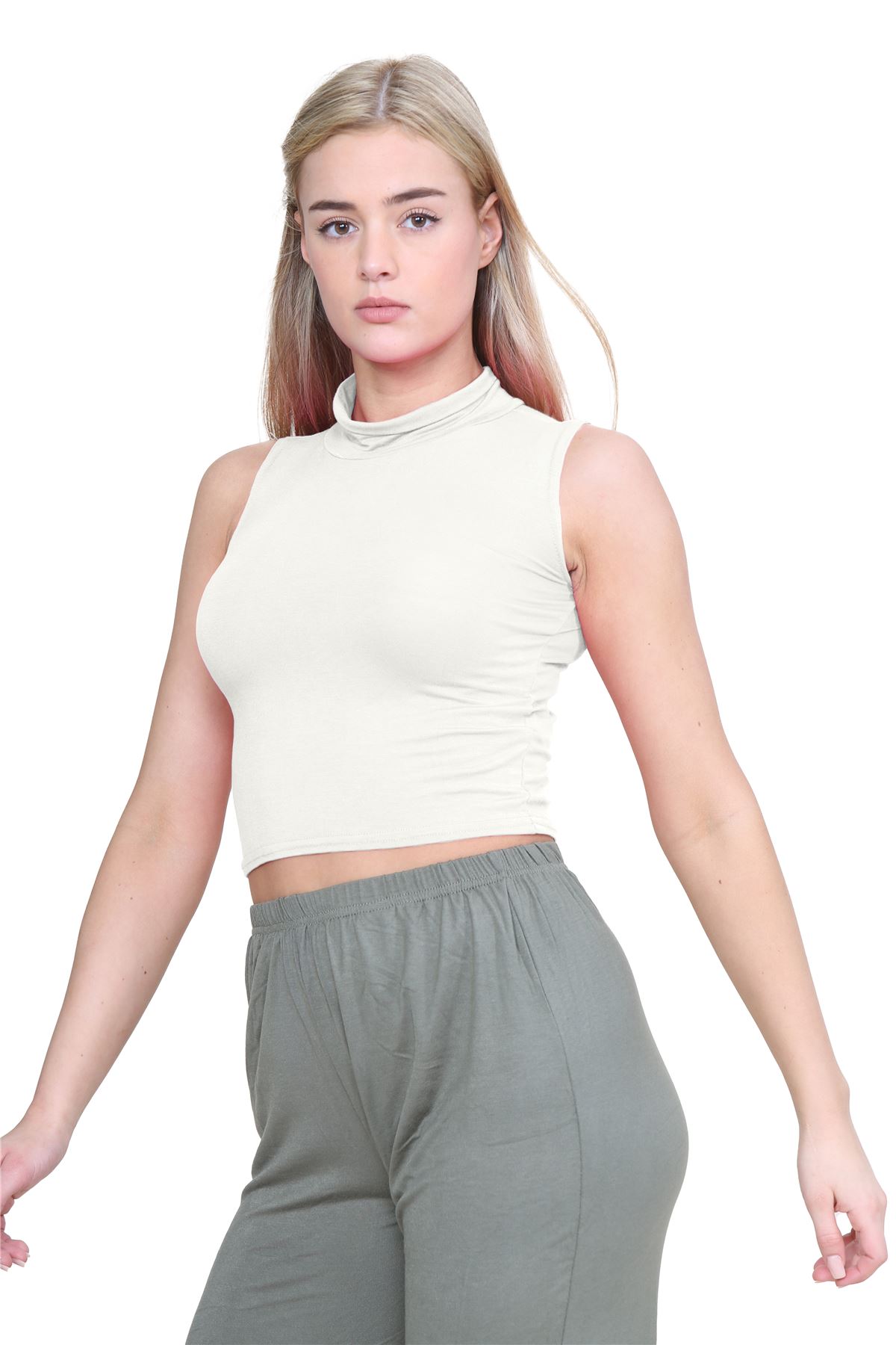 Womens Sleeveless Crop Top Ladies High Turtle Neck Plain Stretchy T-Shirt Vest - Picture 45 of 165