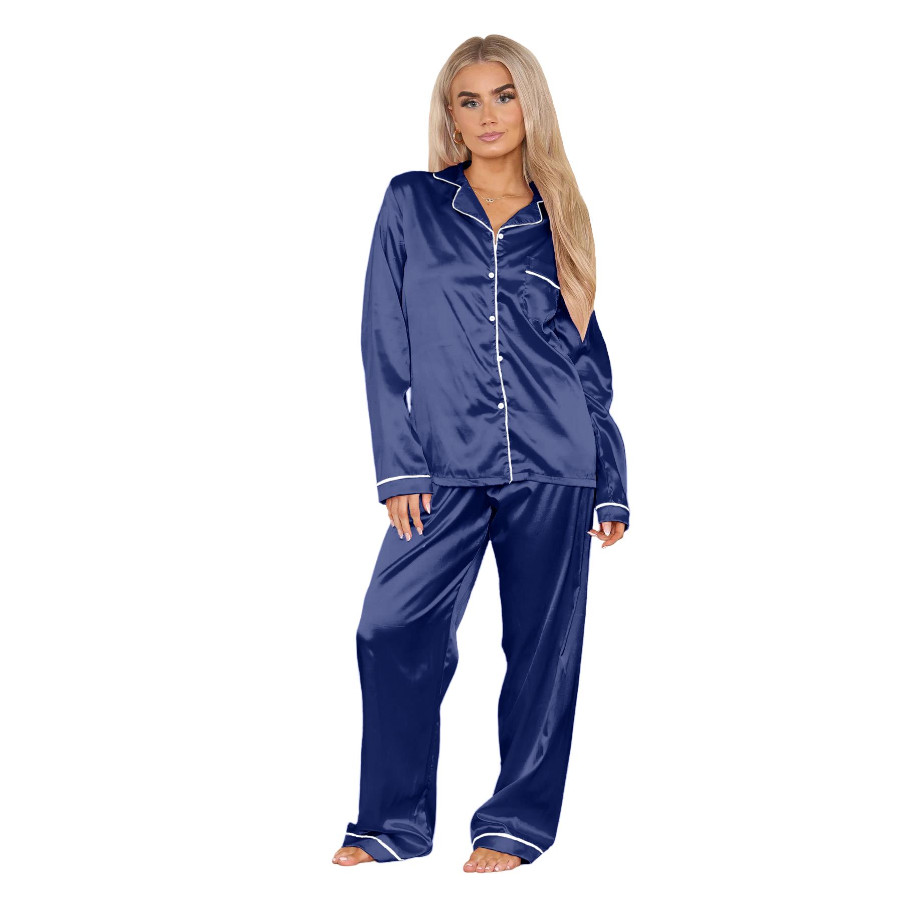 Conjunto de 2 piezas de pijama de satén de manga larga con botones camisa pantalón para damas - Imagen 32 de 43
