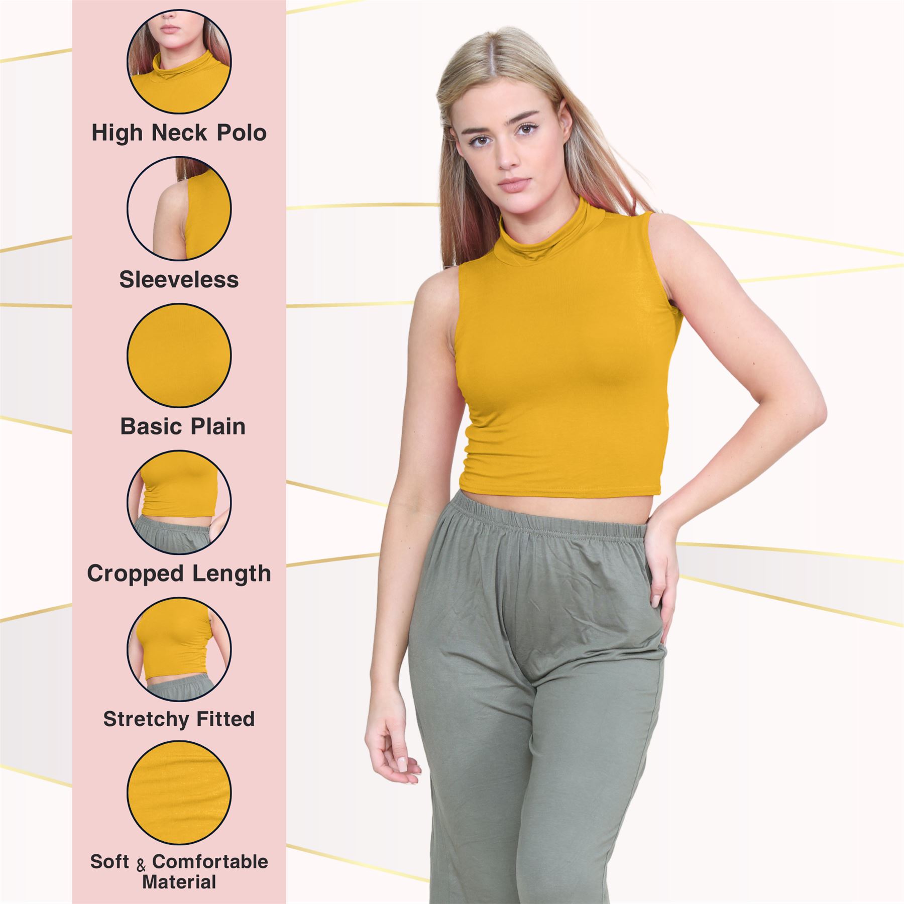 Womens Sleeveless Crop Top Ladies High Turtle Neck Plain Stretchy T-Shirt Vest - Picture 74 of 165