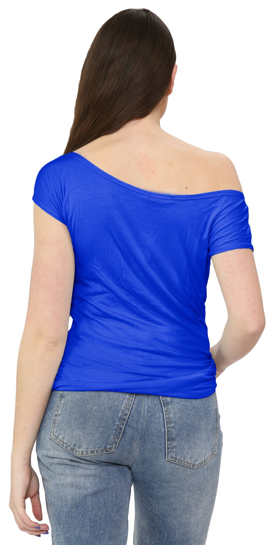 Nuevo Damas Mangas Cortas Hombro Liso Elastizado Calce Ajustado Bardot Camiseta Prenda para el torso - Imagen 42 de 58