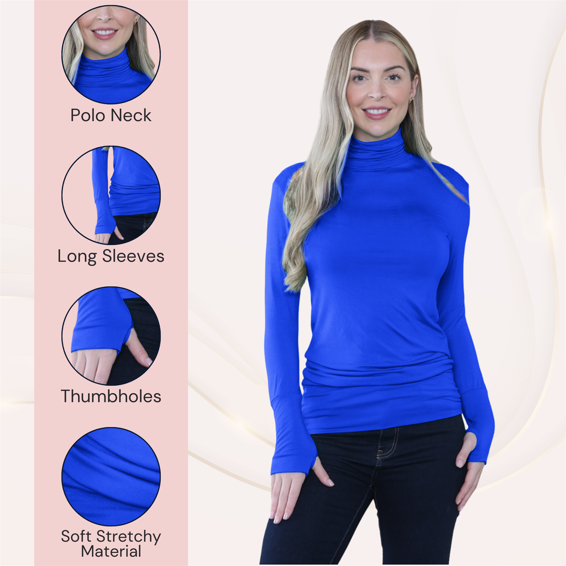 Womens Thumb Hole Polo Neck Jumper Ladies Plain Long Sleeve Casual T-Shirt Top - Picture 64 of 87