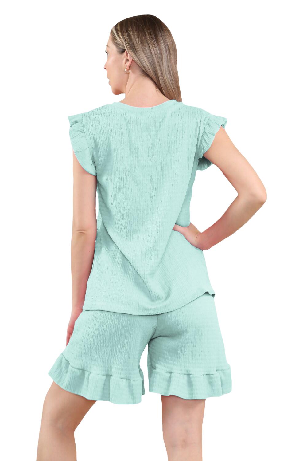 Conjunto corto de 2 piezas italiano para mujer conjunto de ropa de salón de verano con volantes sin mangas - Imagen 4 de 61