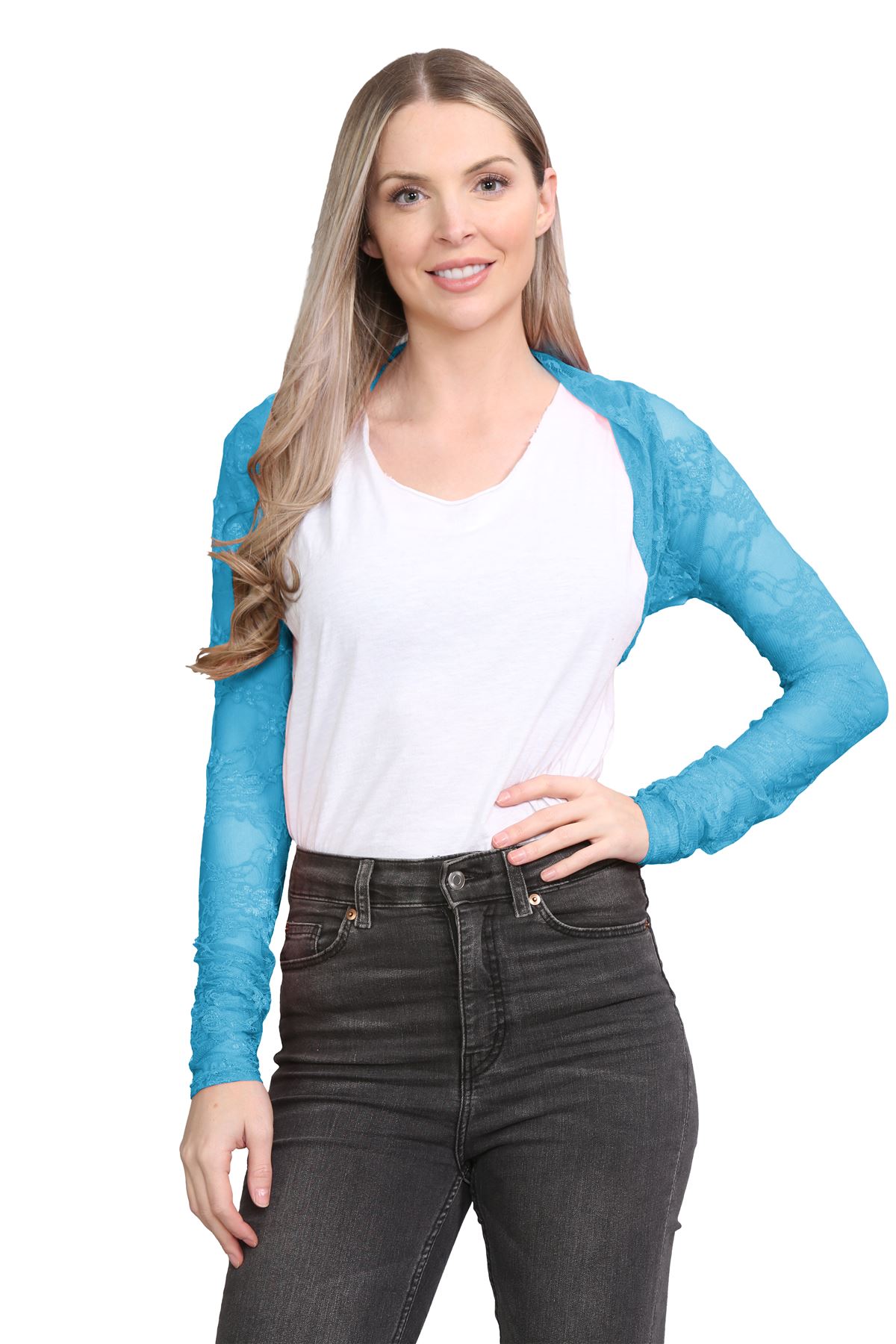 Damen Blumen Spitze Bolero Achselzucken vorne offen lange Ärmel Cropped Cardigan Top - Bild 50 von 79
