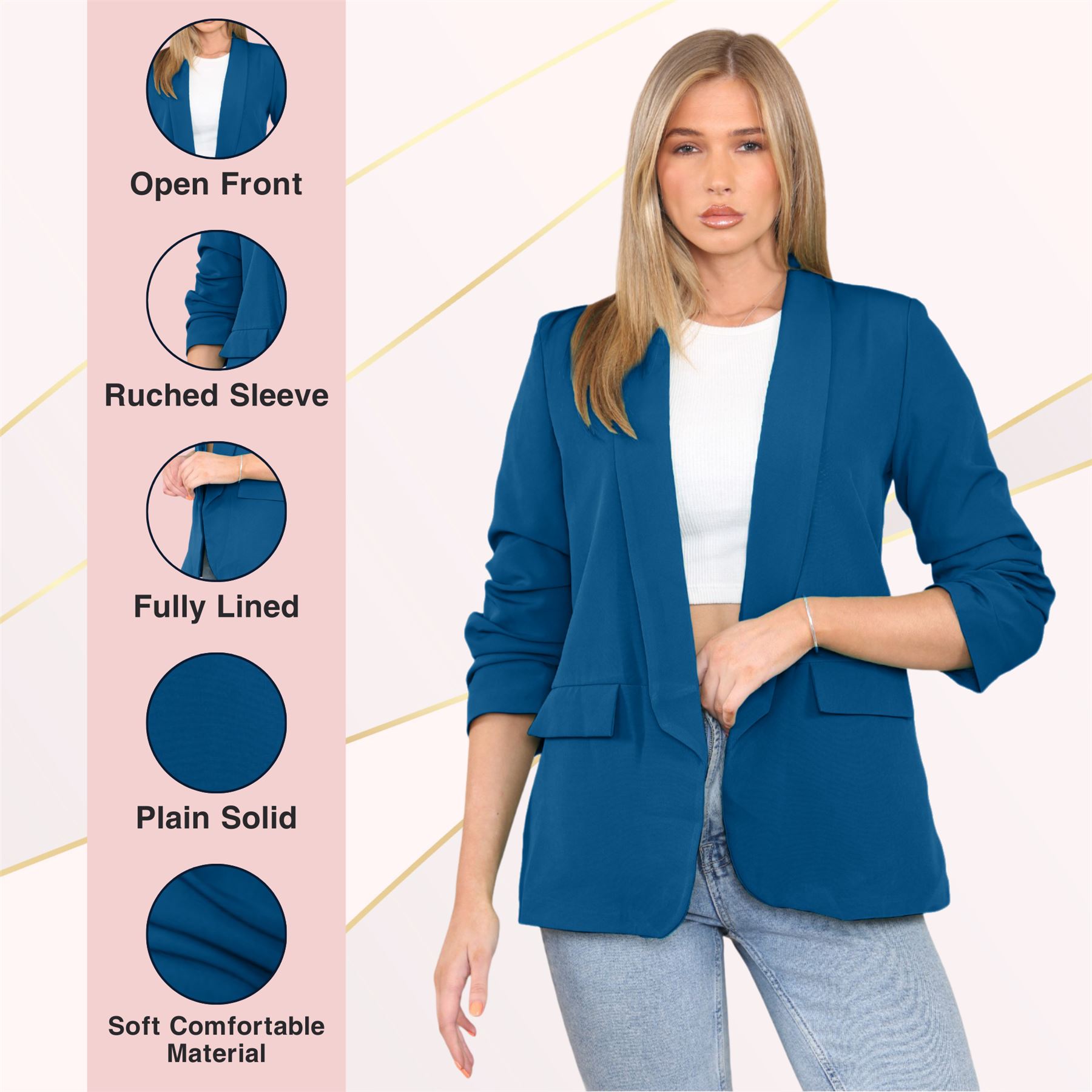 Blazer de manga acanalada para damas totalmente forrado cuello liso informal chaqueta de oficina top - Imagen 82 de 97