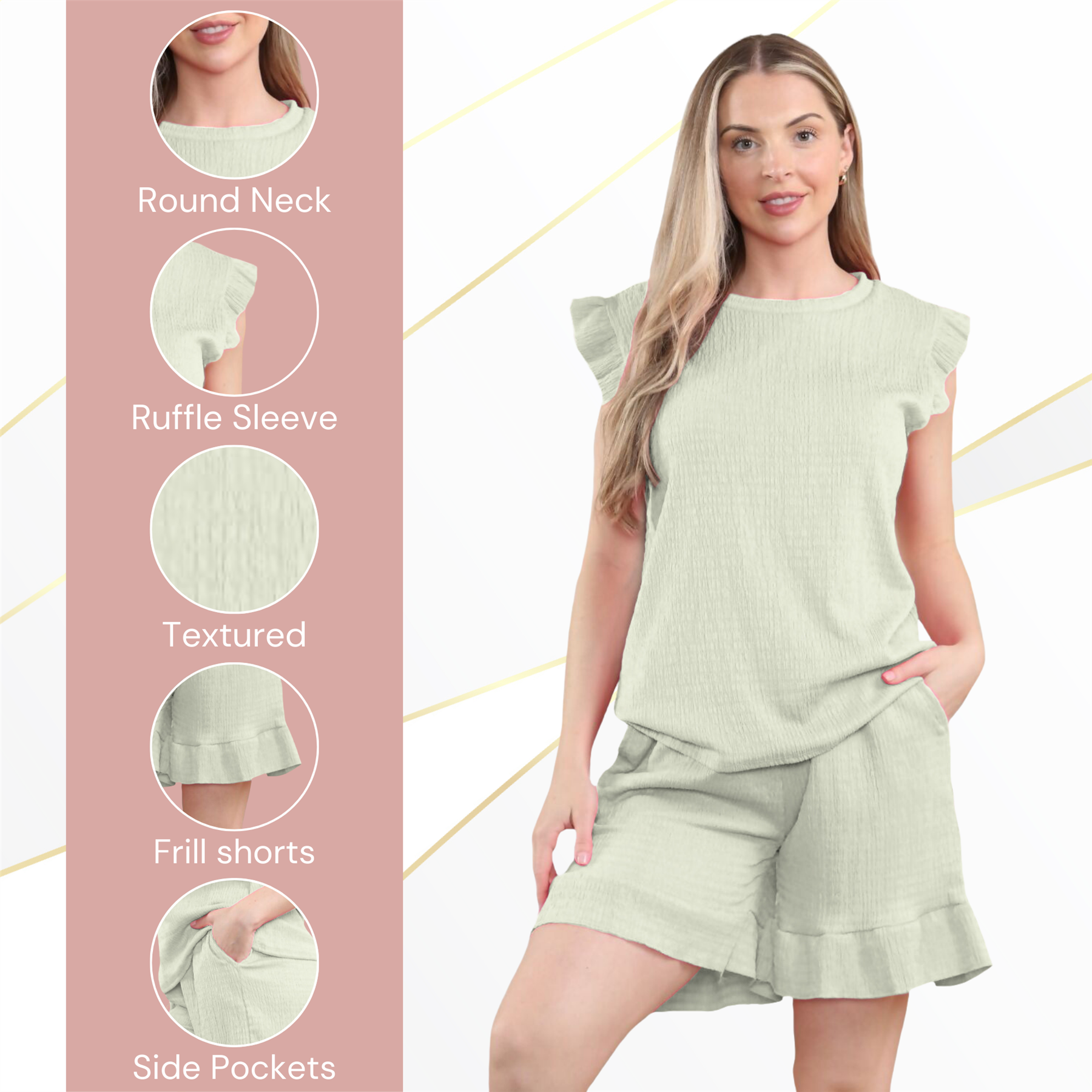 Conjunto corto de 2 piezas italiano para mujer conjunto de ropa de salón de verano con volantes sin mangas - Imagen 53 de 61