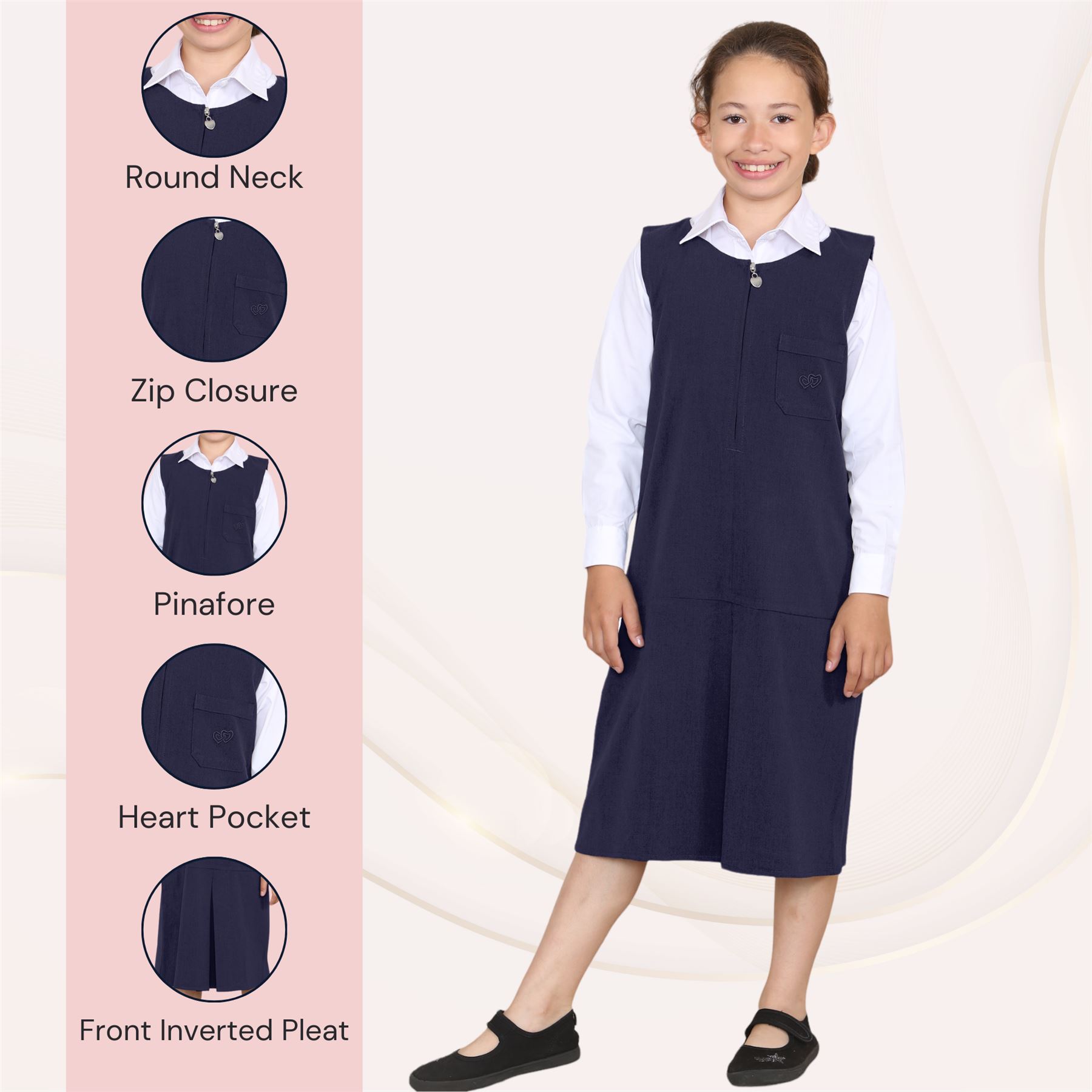Niñas Vestido Delantal Corazón Bolsillo Plisado Cremallera Uniforme Escolar Vestido Paquete de 2 - Imagen 22 de 25