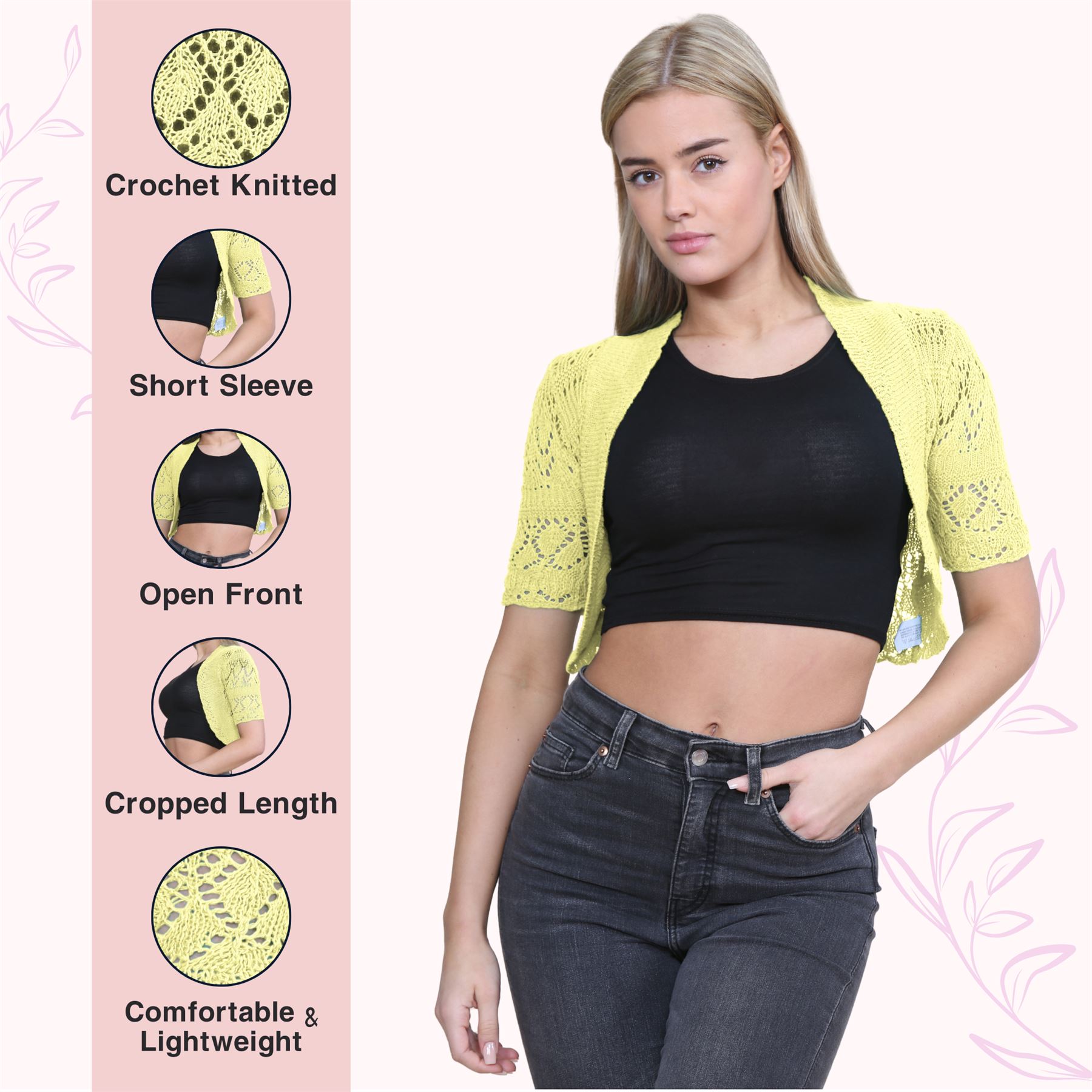 Womens Crochet Knitted Bolero Shrug Short Sleeve Open Front Cardigan Crop Top - Picture 184 of 186