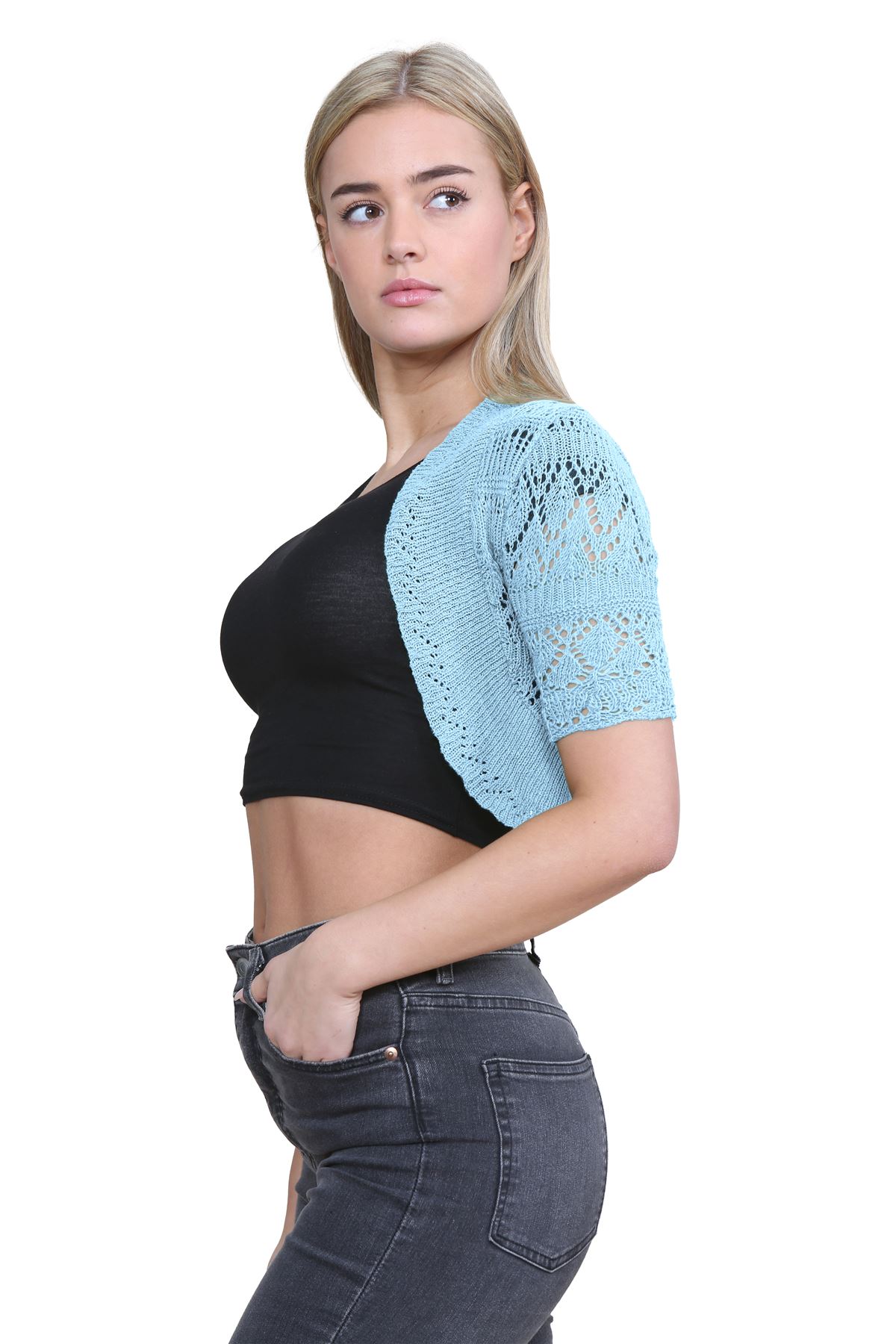 Womens Crochet Knitted Bolero Shrug Short Sleeve Open Front Cardigan Crop Top - Picture 146 of 186