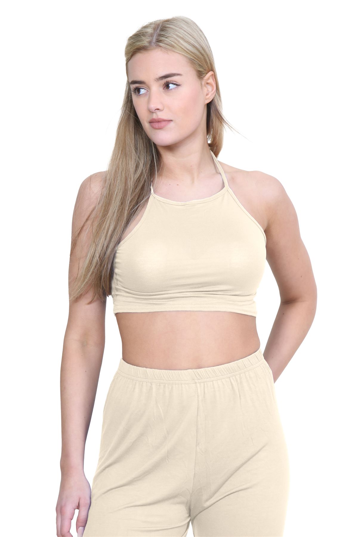 Halter Neck Crop Top Womens Vest Top Plain Tie Knot Top Basic Sleeveless T-Shirt - Picture 138 of 170