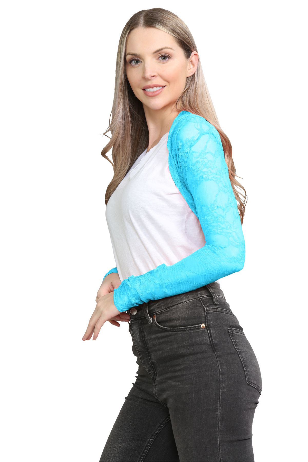 Damen Blumen Spitze Bolero Achselzucken vorne offen lange Ärmel Cropped Cardigan Top - Bild 57 von 79