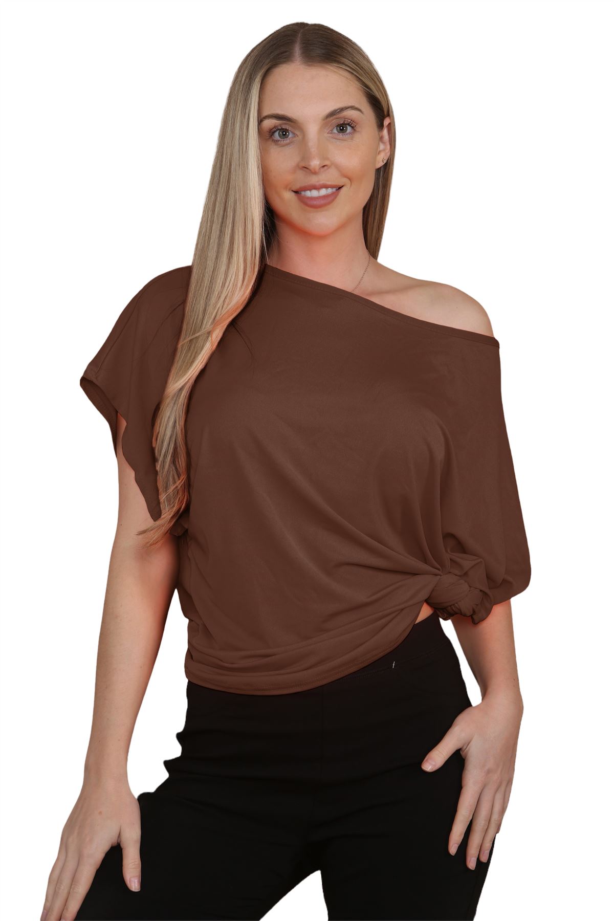 Womens Oversized T Shirt Top Short Sleeve Tie Knot Bardot Off Shoulder Crop Top - Picture 8 of 65