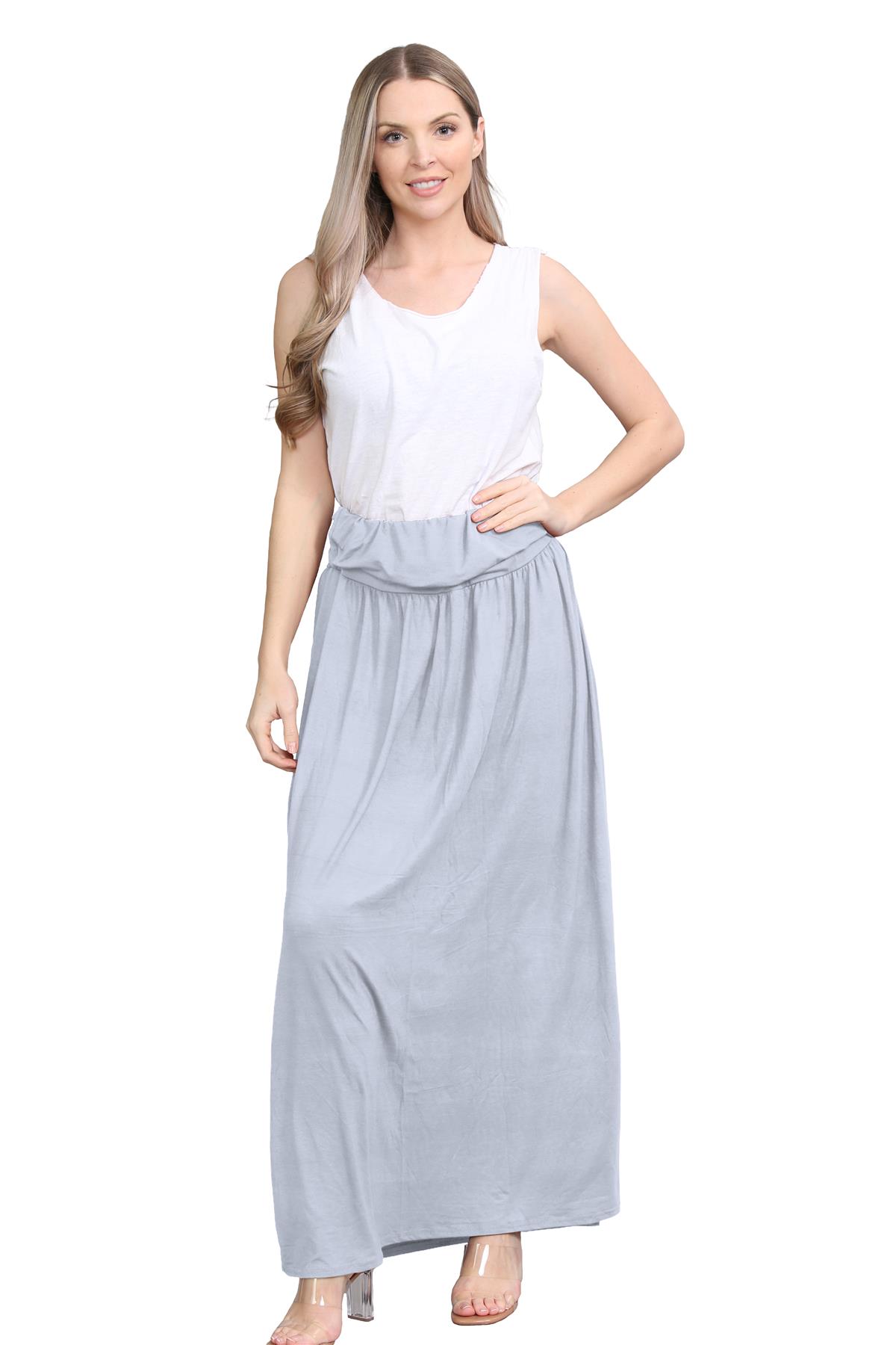 Womens Fold Over Maxi Skirt Plain Pleated Waist Jersey Summer Gypsy Long Skirt - Picture 23 of 68