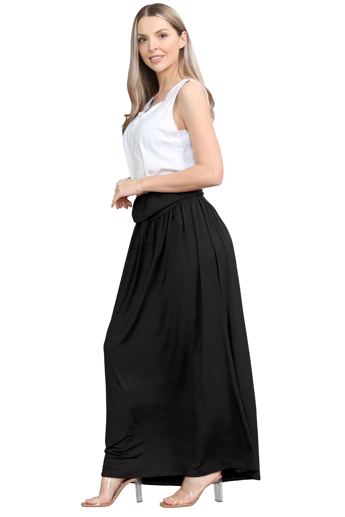 Womens Fold Over Maxi Skirt Plain Pleated Waist Jersey Summer Gypsy Long Skirt - Picture 65 of 68