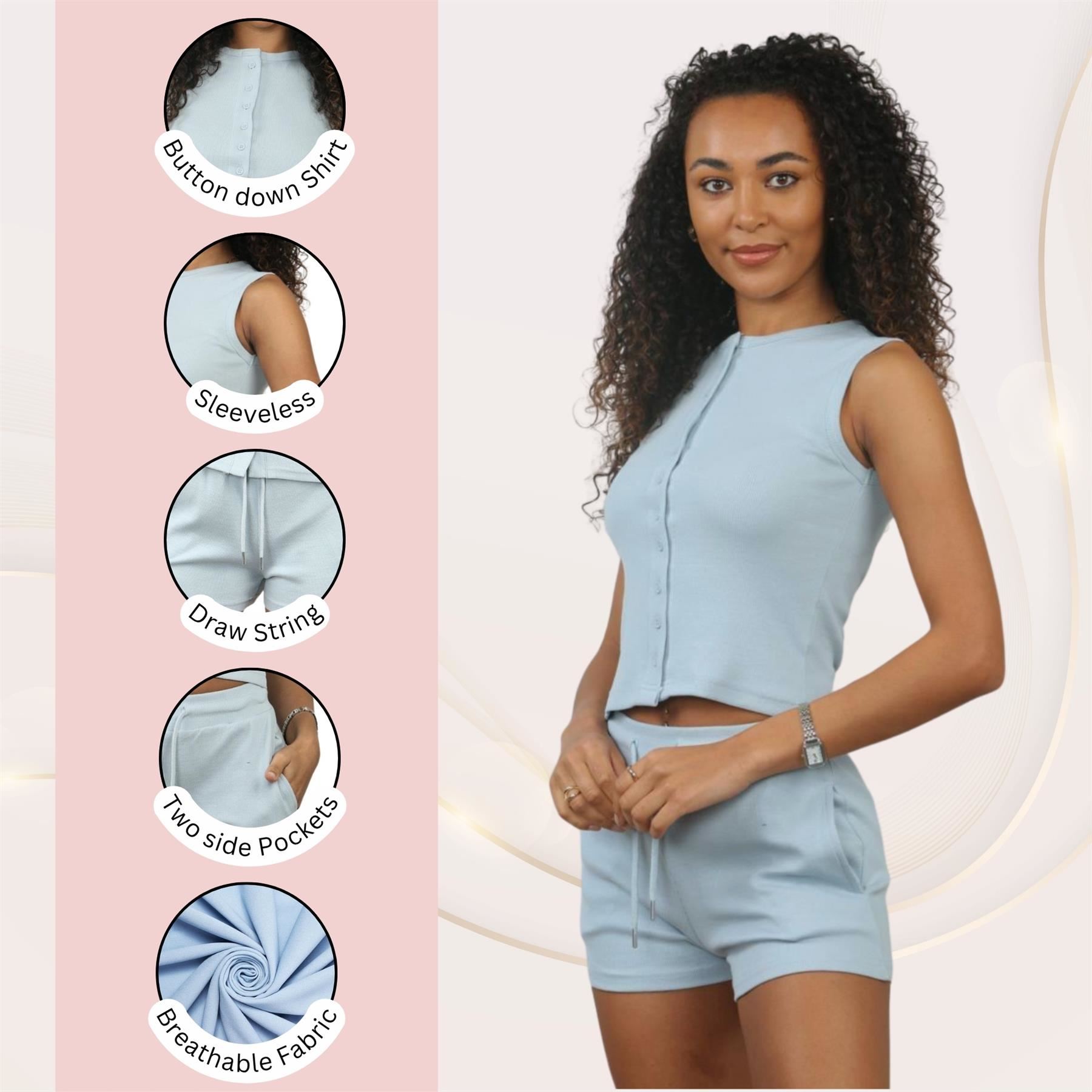 Damen Gerippt Ärmellos Knopfleiste Crop Top und Kordelzug Shorts Loungewear Set - Bild 6 von 49