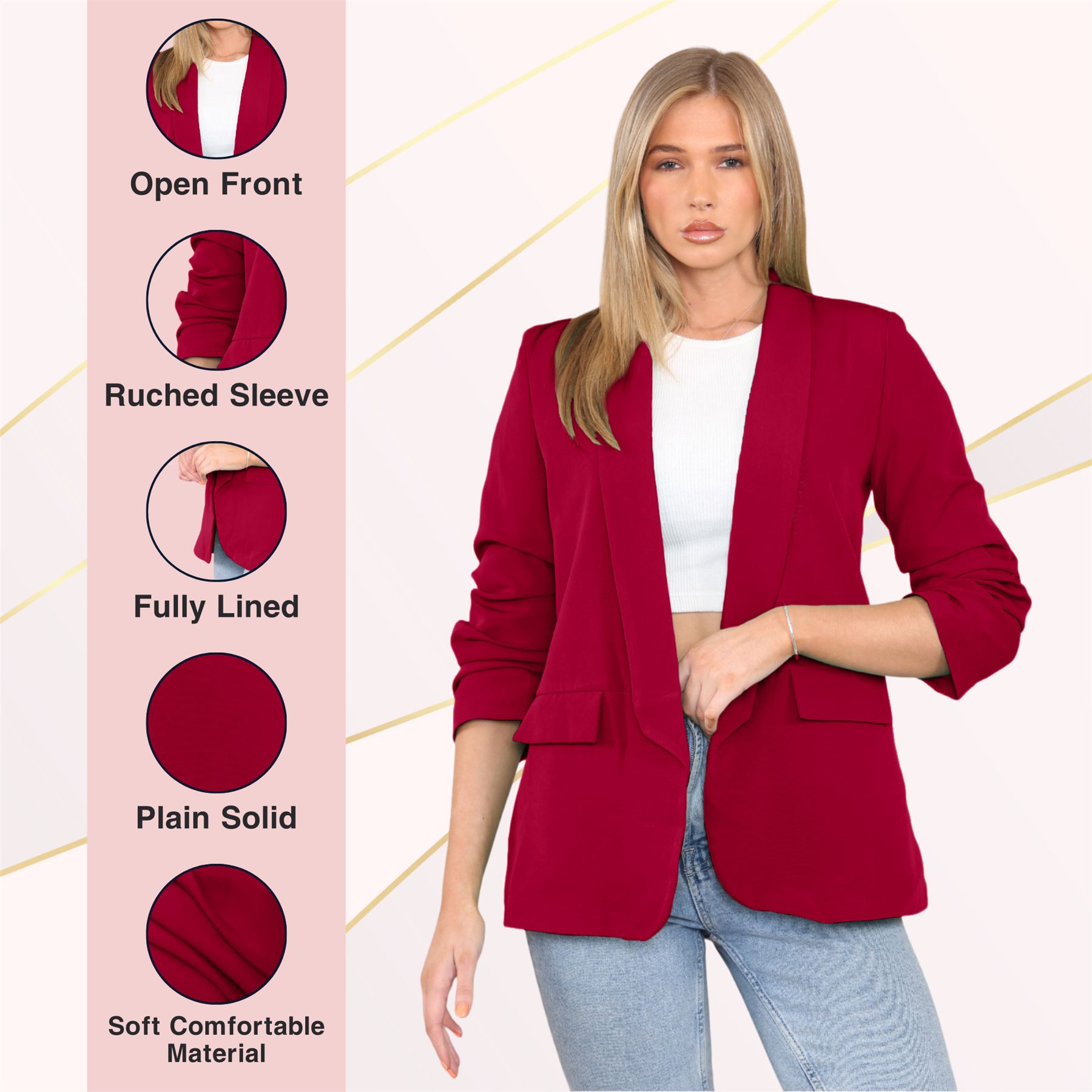 Blazer de manga acanalada para damas totalmente forrado cuello liso informal chaqueta de oficina top - Imagen 92 de 97