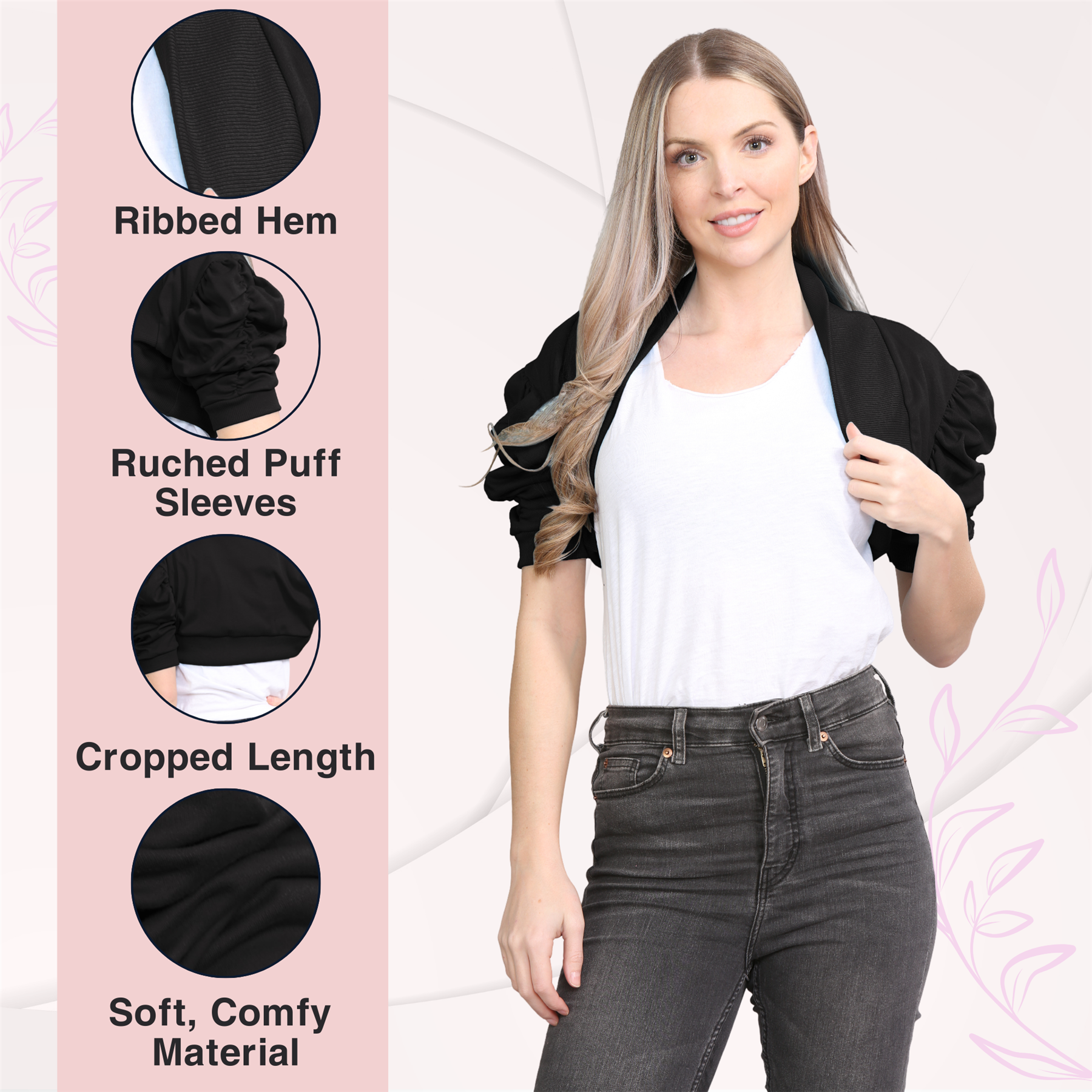 Womens Bolero Shrug Ruched Puff Sleeves Plain Open Cardigan Soft Cotton Crop Top - Picture 19 of 100