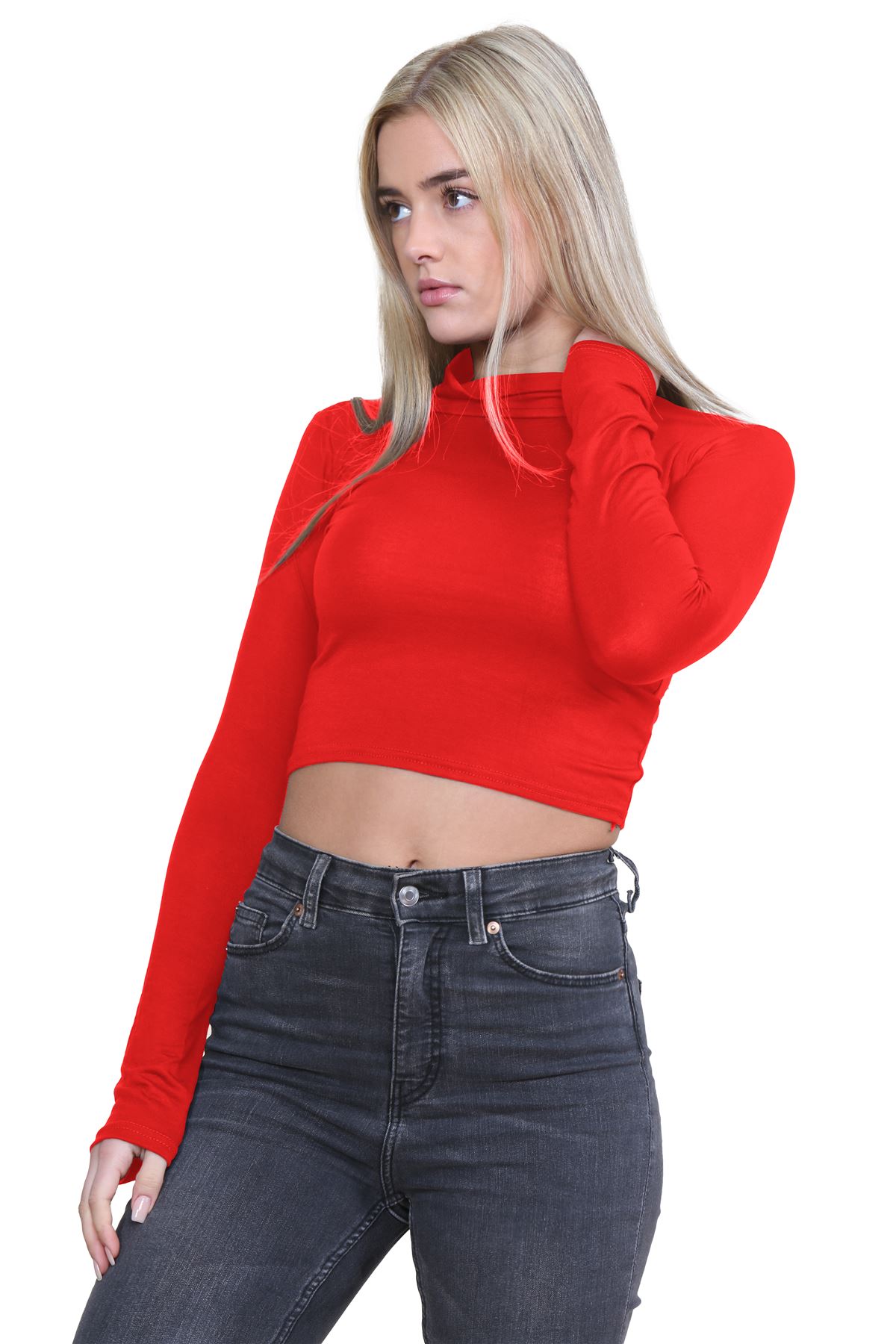 Turtle Neck Crop Top Womens Plain Long Sleeve Stretchy Basic Polo Neck T-Shirt - Picture 97 of 129