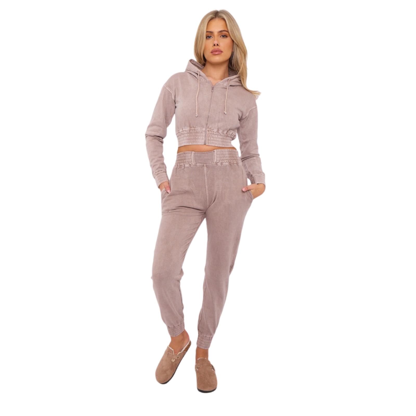 Womens Acid Wash Cropped Zip Hoodie Fleece Joggers Tracksuit 2Pcs Loungewear Set - Picture 20 of 24