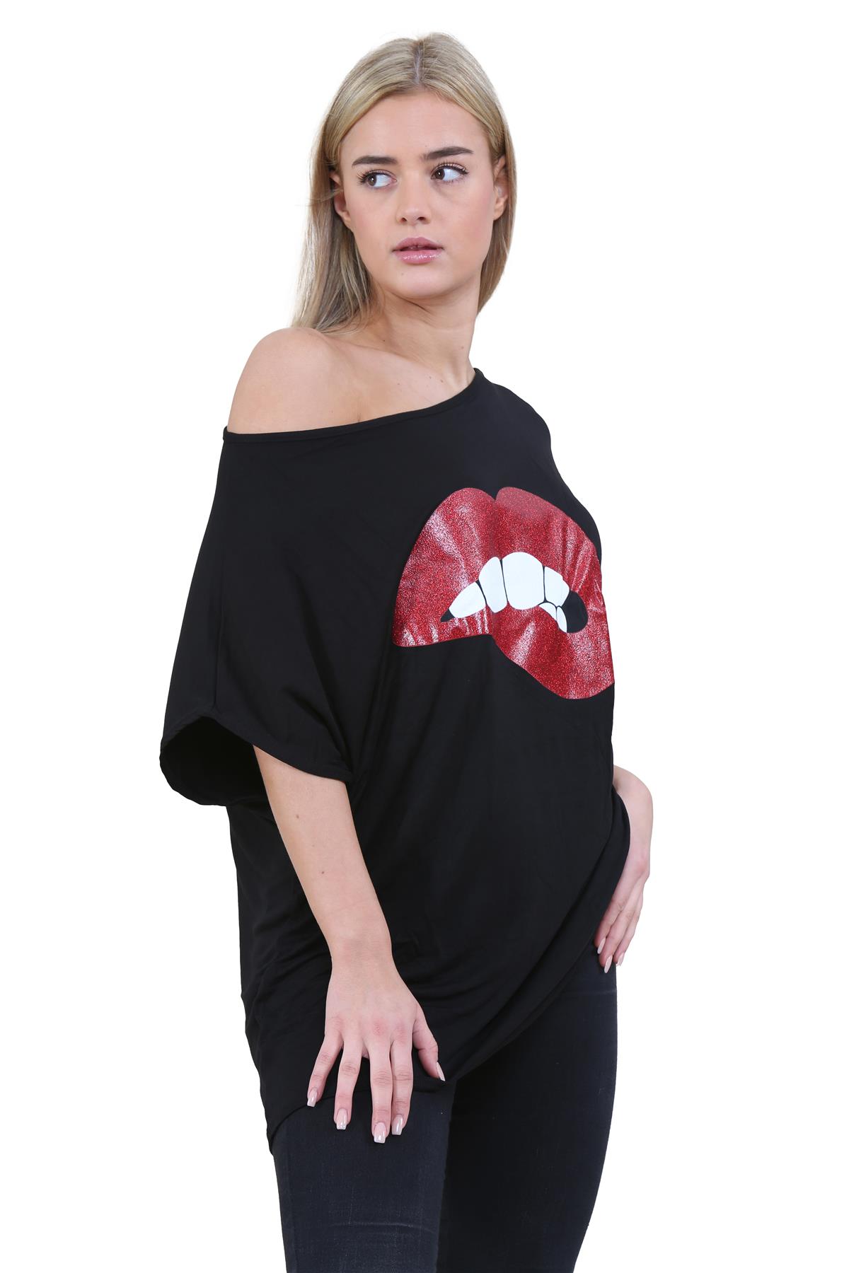 Womens Off Shoulder Top Batwing Sleeve Bardot Oversized T Shirt Plain Summer Top - Picture 155 of 225