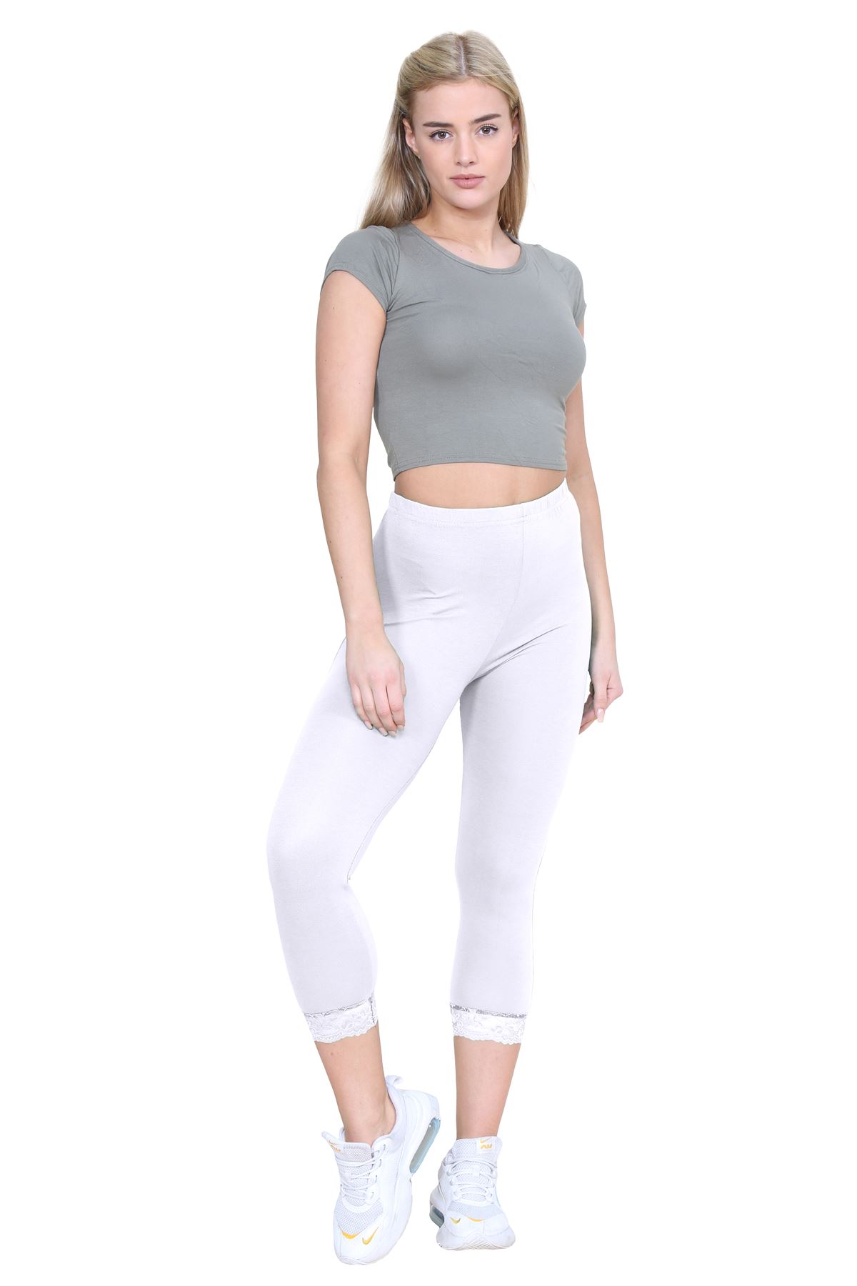 New Ladies Plain Lace Trim Cropped Yoga Stretchy 3/4 Length Capri Leggings Pants - Picture 114 of 132