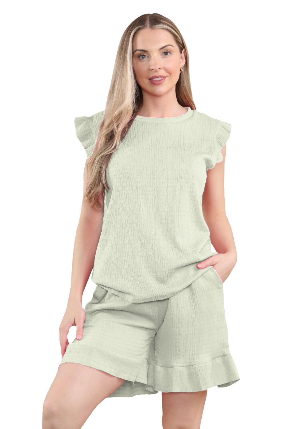 Conjunto corto de 2 piezas italiano para mujer conjunto de ropa de salón de verano con volantes sin mangas - Imagen 50 de 61