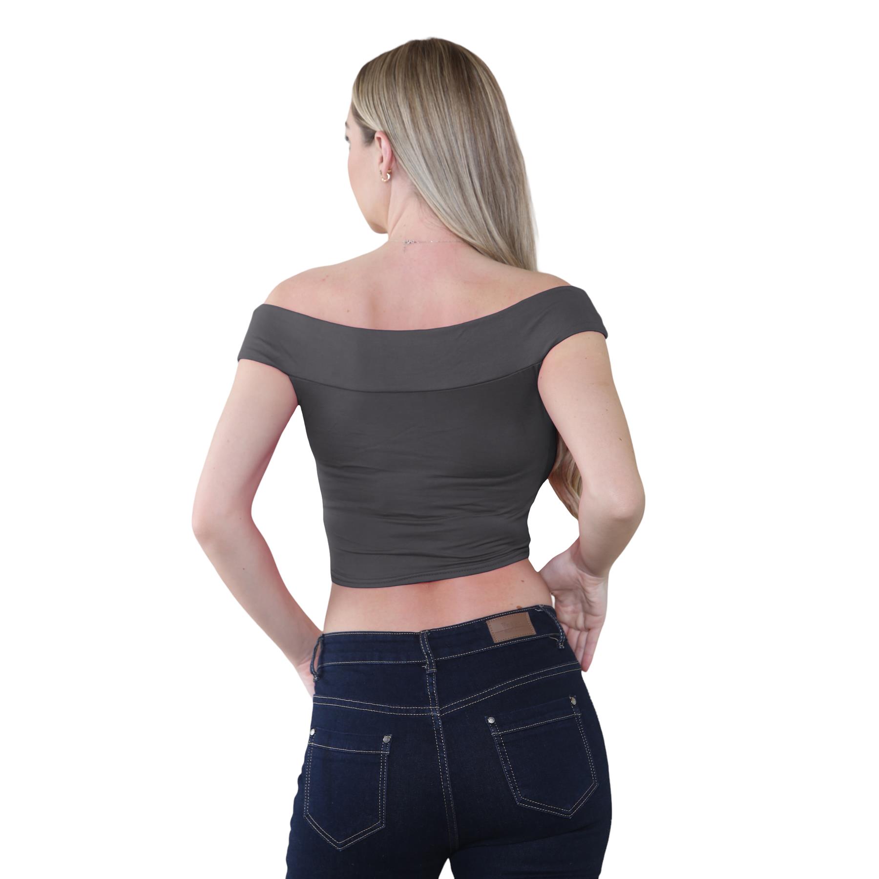 Schulterfreies bauchfreies Damen-T-Shirt Bardot ärmellos schlicht Sommer Freizeit Party - Bild 13 von 71