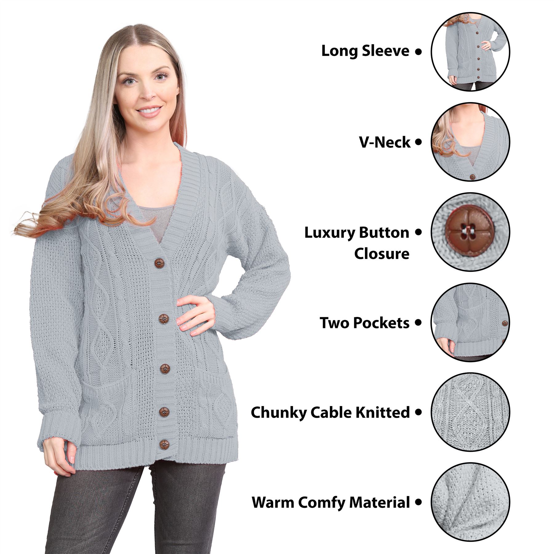 Womens Ladies Chunky Cable Knitted Button Long Sleeve Grandad Cardigan Jumper - Picture 69 of 94