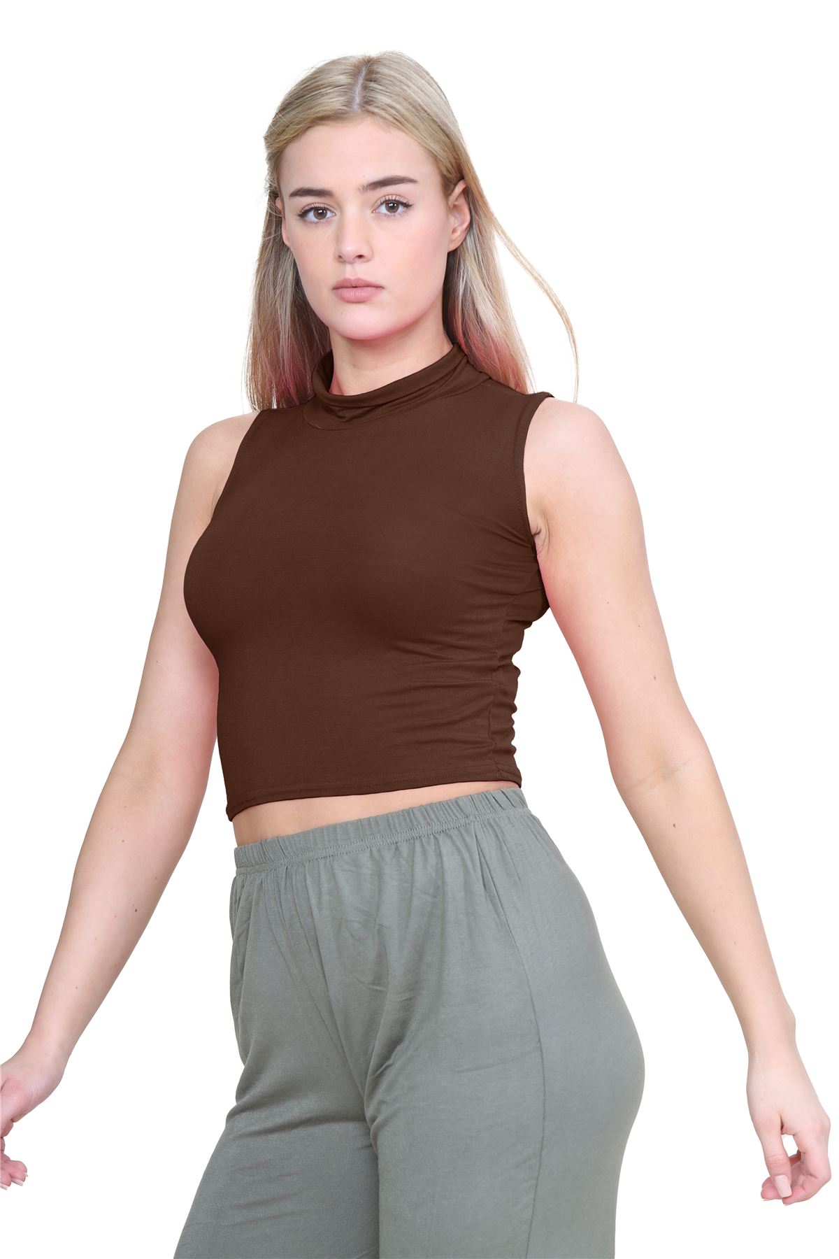 Womens Sleeveless Crop Top Ladies High Turtle Neck Plain Stretchy T-Shirt Vest - Picture 18 of 165