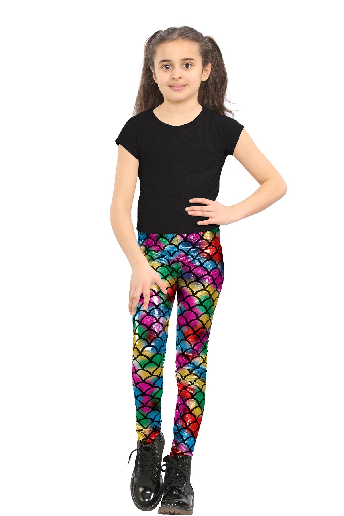 Girls Mermaid Leggings Kids Fish Scale Disco Skinny Shiny Metallic Trouser Pants - Picture 16 of 57